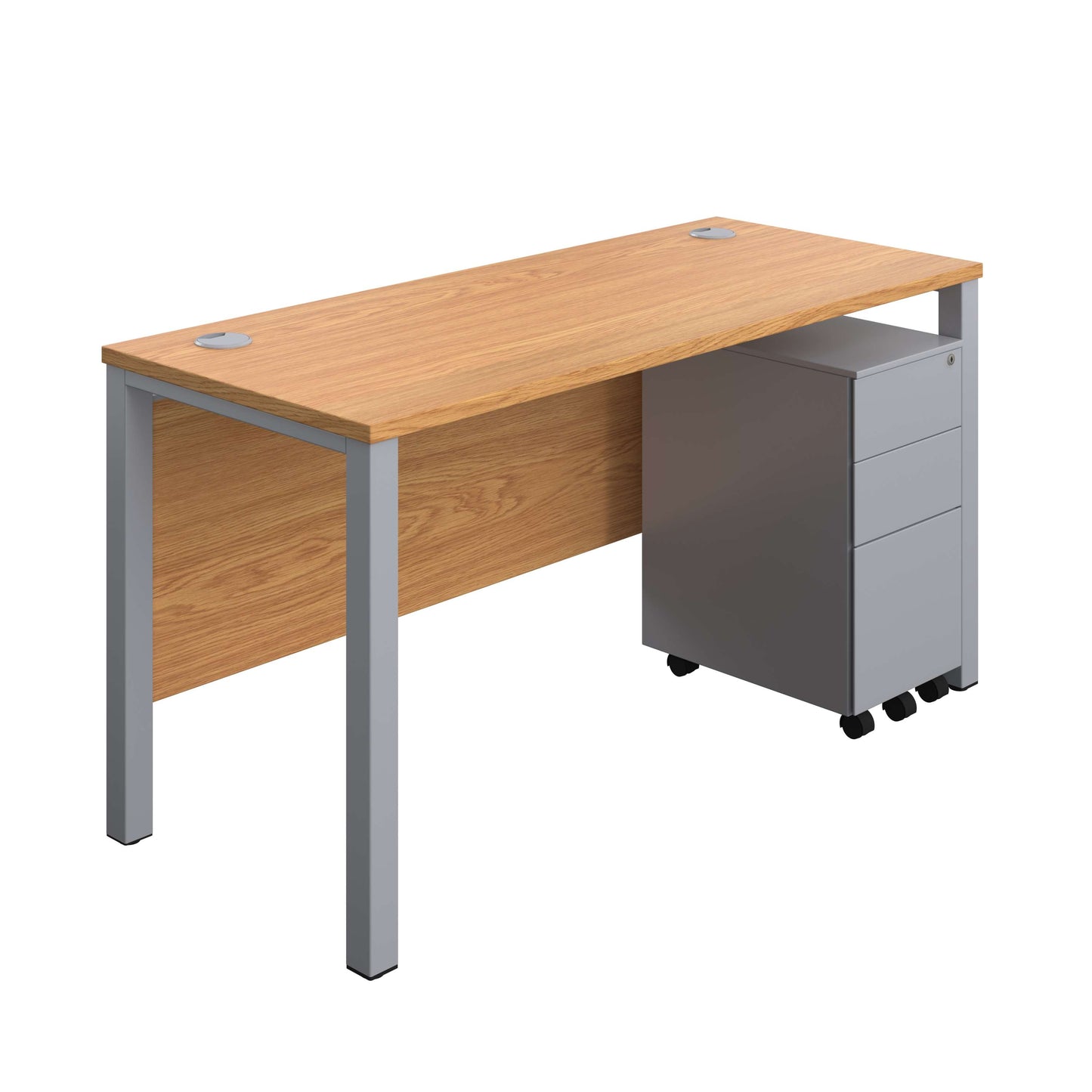 Goal Post Rectangular Desk + 3 Drawer Slimline Steel Pedestal (FSC) | 1400x600 | Nova oak/Silver