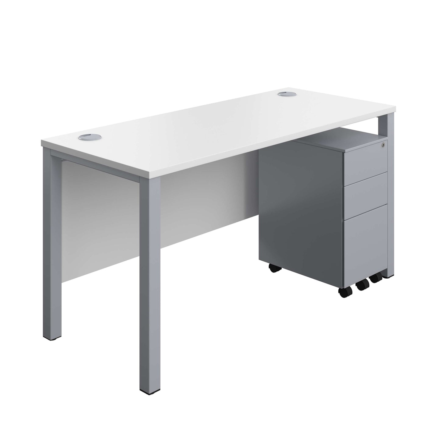 Goal Post Rectangular Desk + 3 Drawer Slimline Steel Pedestal (FSC) | 1400x600 | White/Silver