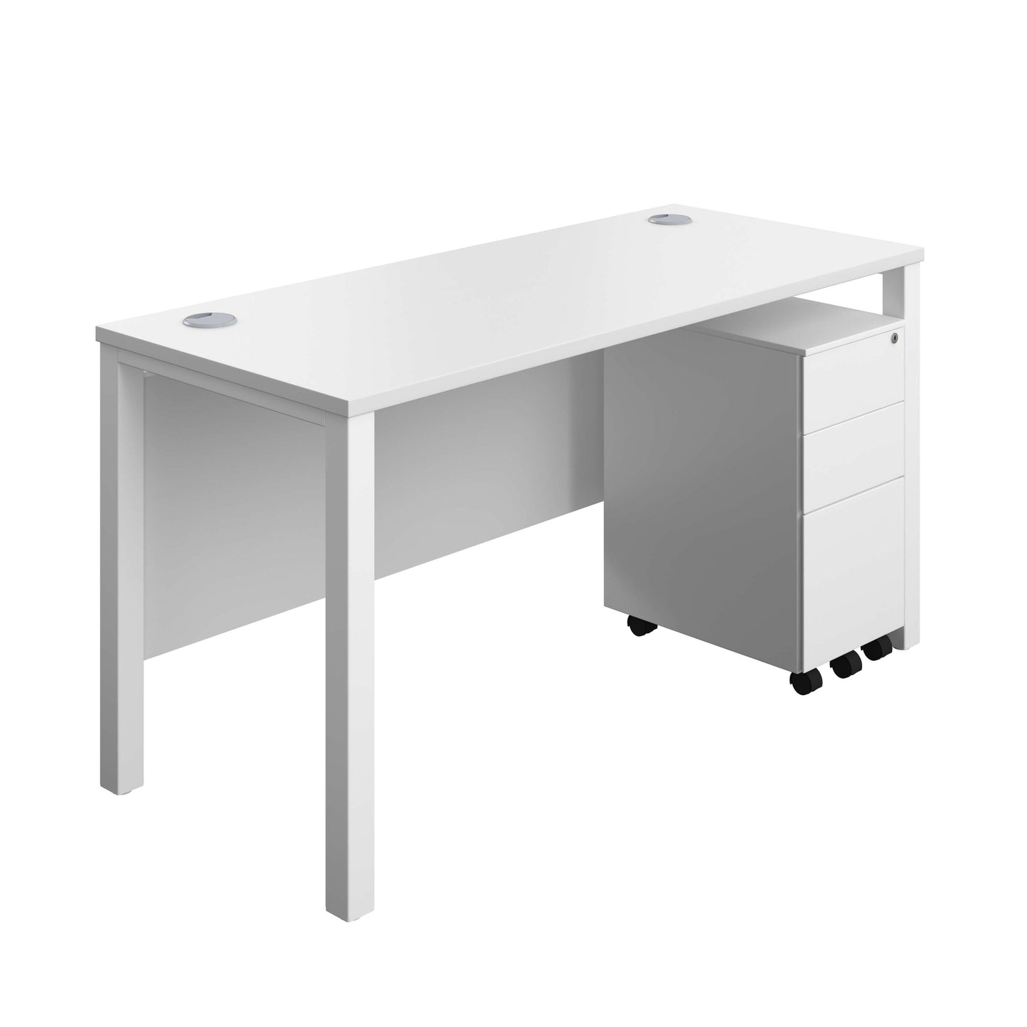 Goal Post Rectangular Desk + 3 Drawer Slimline Steel Pedestal (FSC) | 1400x600 | White/White