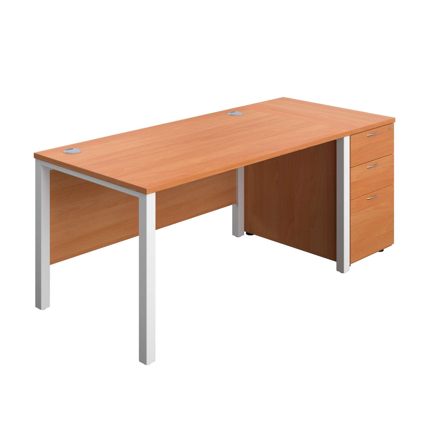 Goal Post Rectangular Desk + 3 Drawer Desk High Pedestal (FSC) | 1400x800 | Beech/White