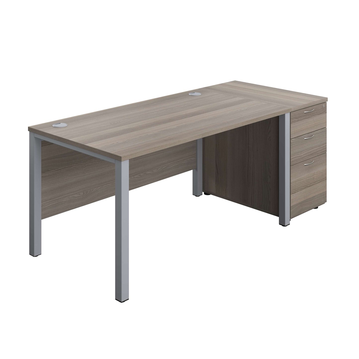 Goal Post Rectangular Desk + 3 Drawer Desk High Pedestal (FSC) | 1400x800 | Grey oak/Silver