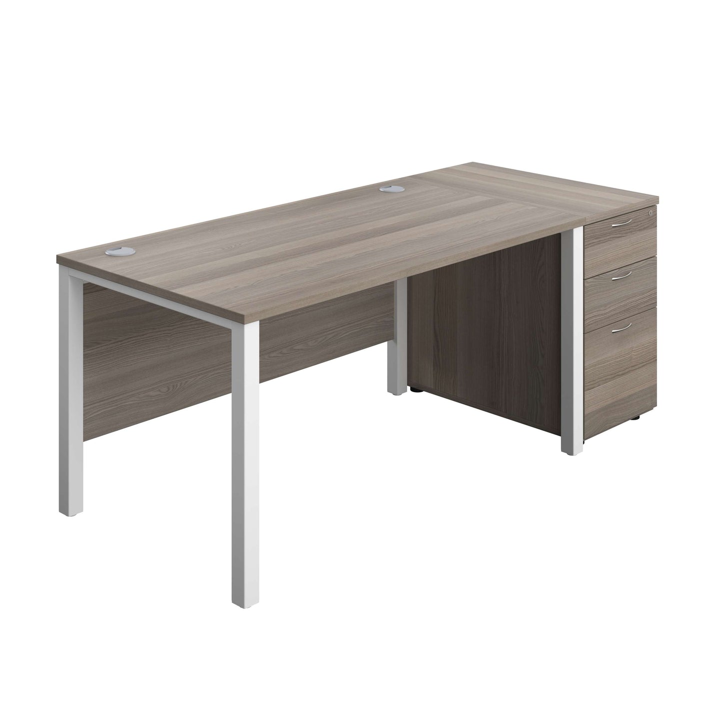 Goal Post Rectangular Desk + 3 Drawer Desk High Pedestal (FSC) | 1400x800 | Grey oak/White