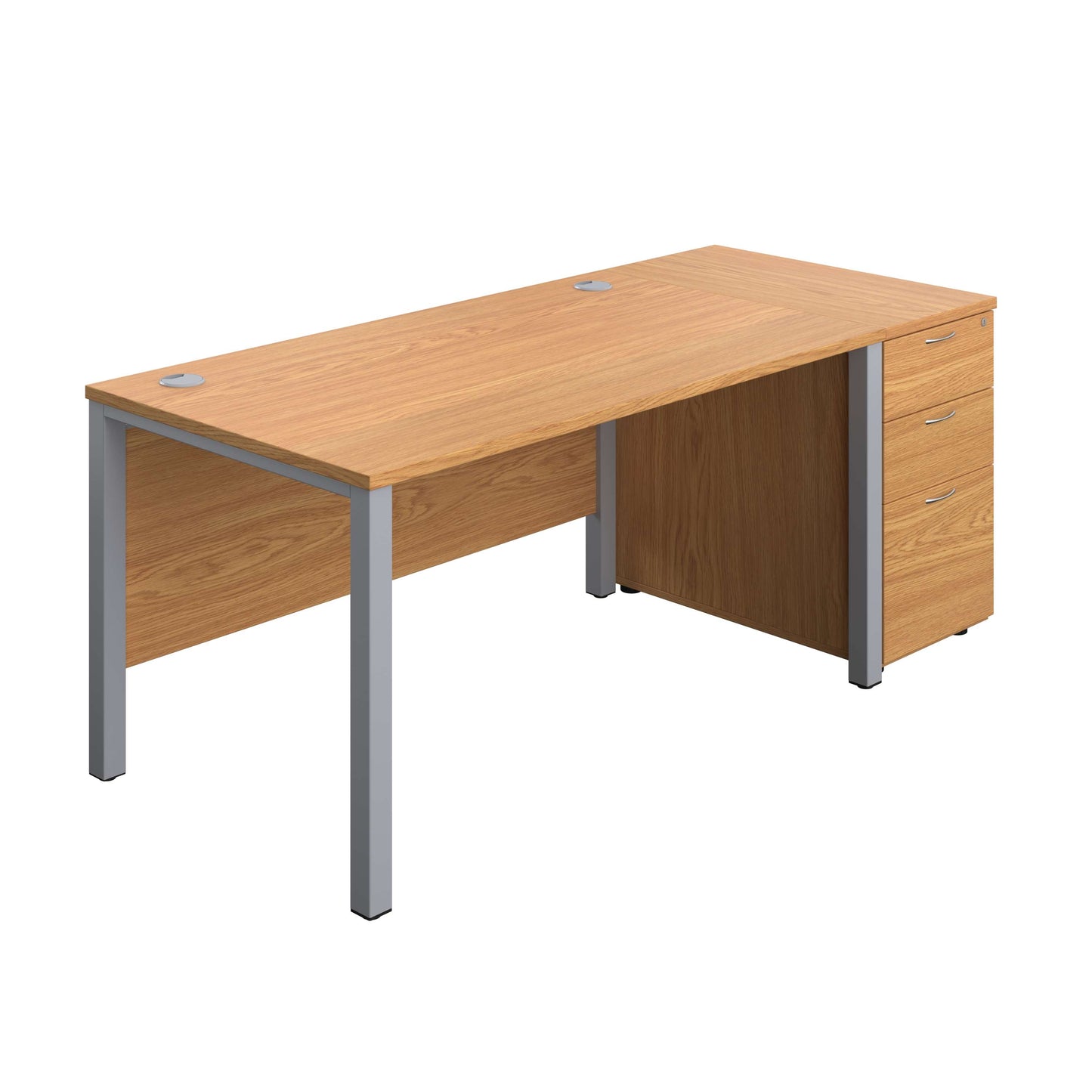 Goal Post Rectangular Desk + 3 Drawer Desk High Pedestal (FSC) | 1400x800 | Nova oak/Silver