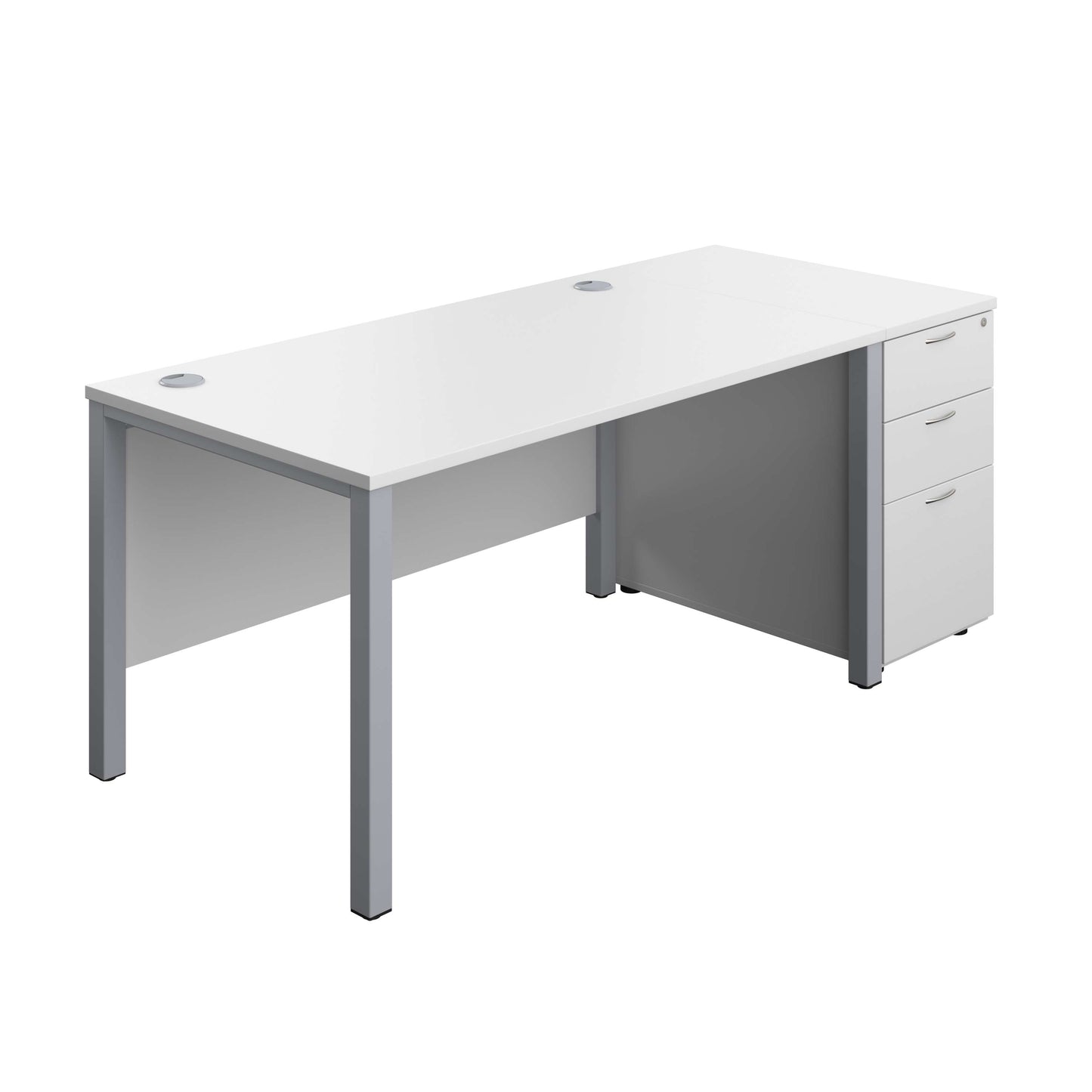 Goal Post Rectangular Desk + 3 Drawer Desk High Pedestal (FSC) | 1400x800 | White/Silver