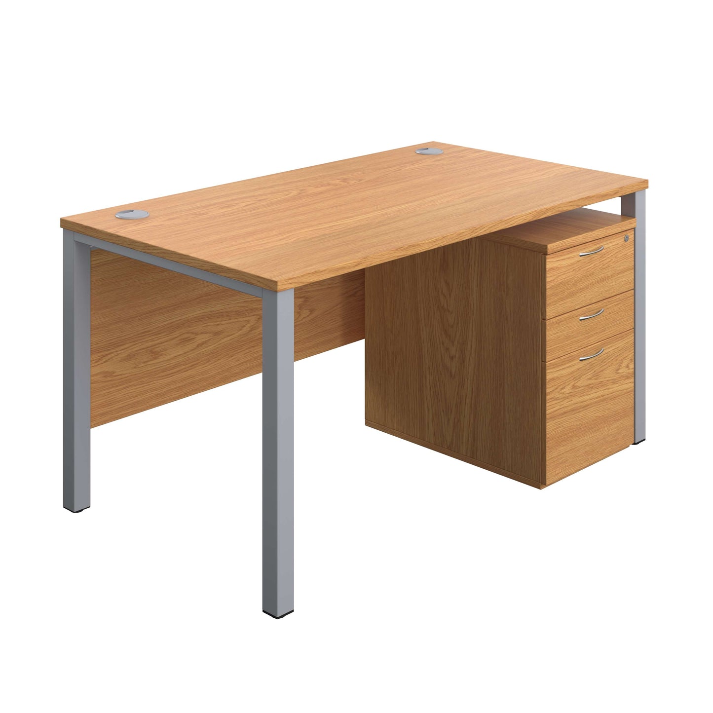 Goal Post Rectangular Desk + 3 Drawer High Mobile Pedestal (FSC) | 1400x800 | Nova oak/Silver
