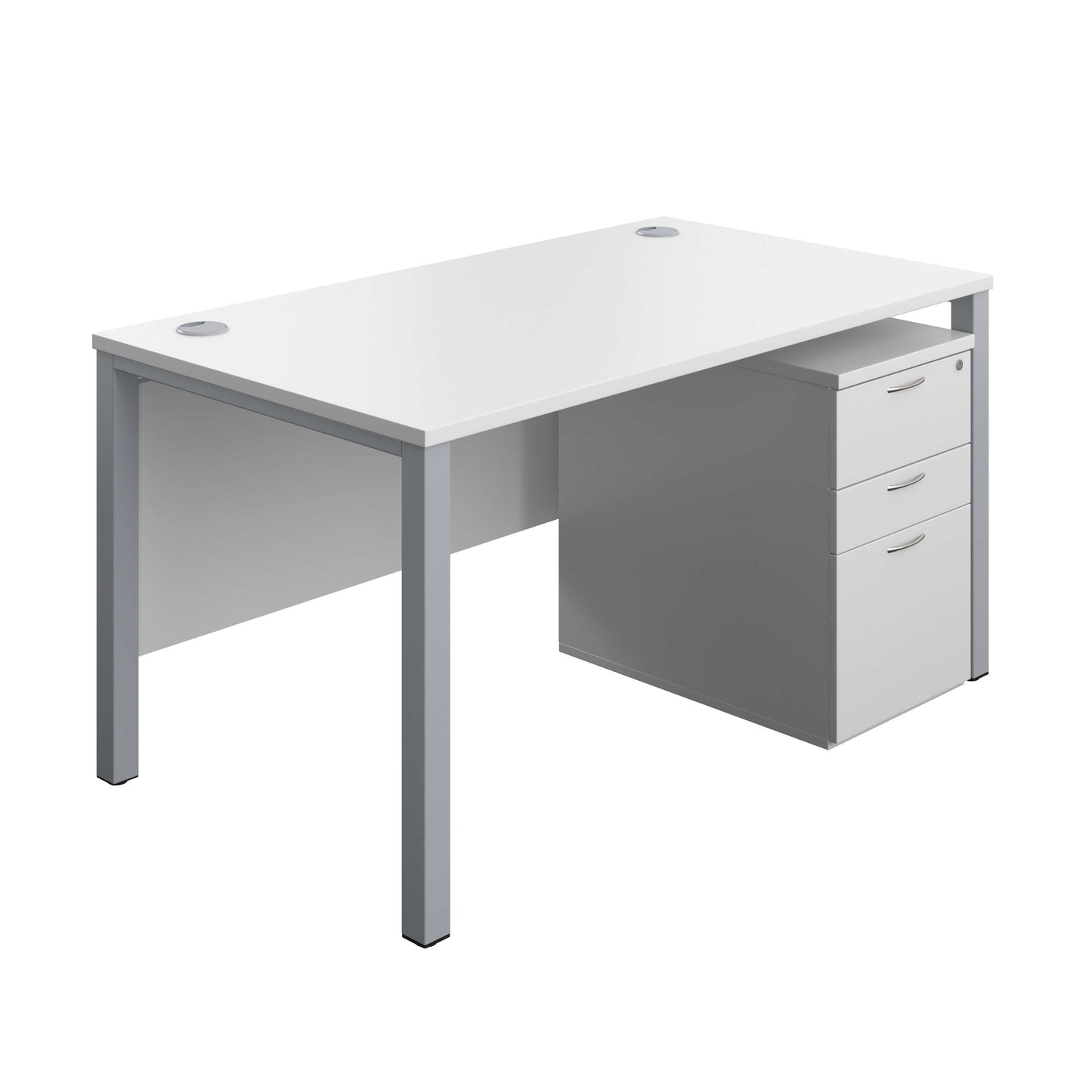 Goal Post Rectangular Desk + 3 Drawer High Mobile Pedestal (FSC) | 1400x800 | White/Silver
