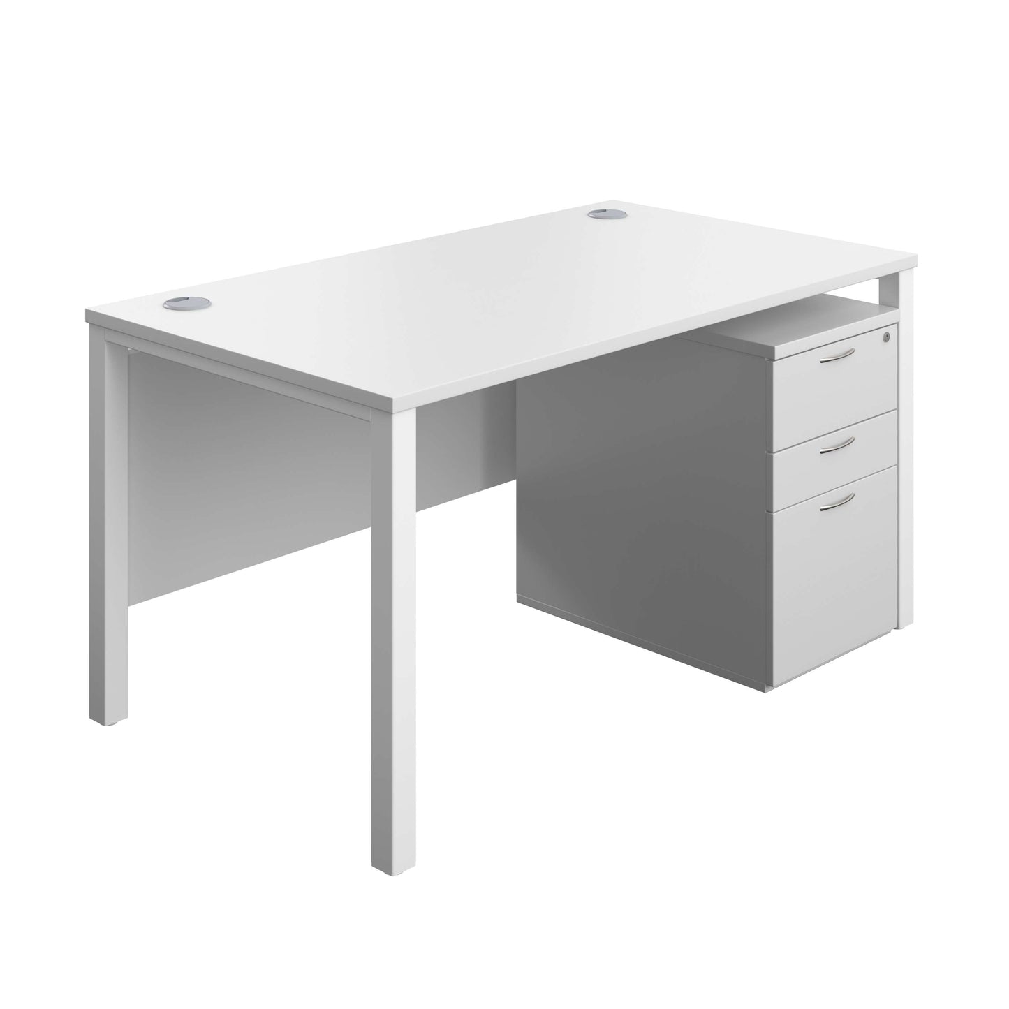 Goal Post Rectangular Desk + 3 Drawer High Mobile Pedestal (FSC) | 1400x800 | White/White