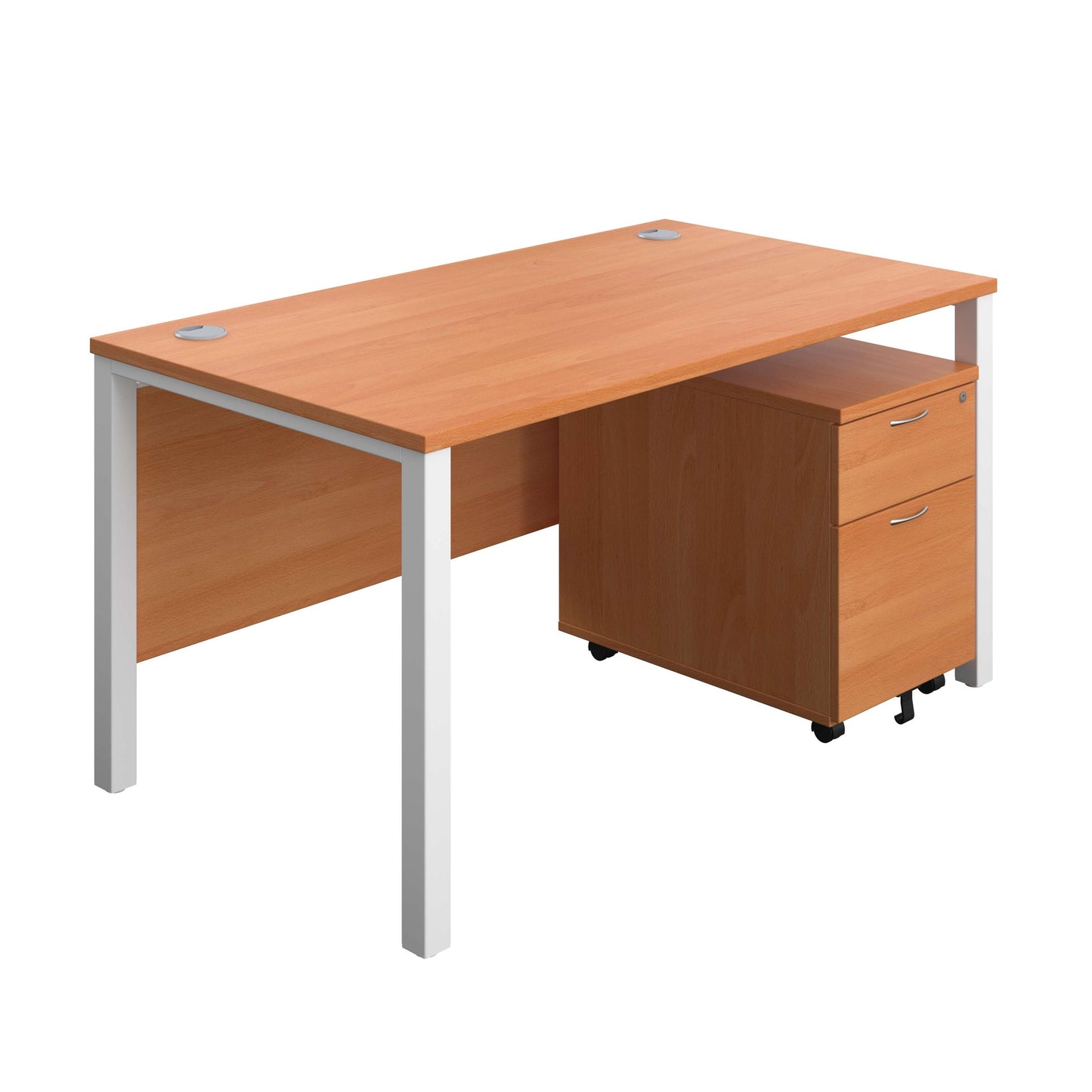Goal Post Rectangular Desk + 2 Drawer Mobile Pedestal (FSC) | 1400x800 | Beech/White