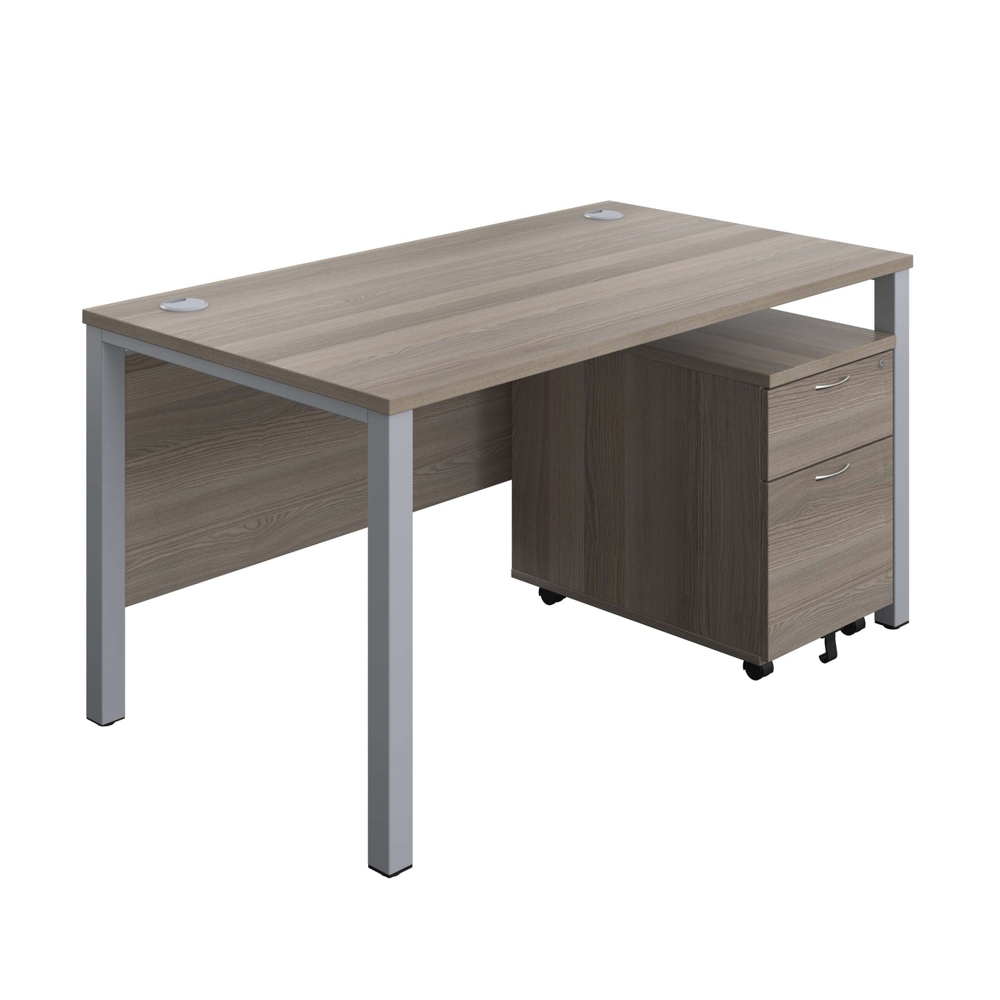 Goal Post Rectangular Desk + 2 Drawer Mobile Pedestal (FSC) | 1400x800 | Grey oak/Silver