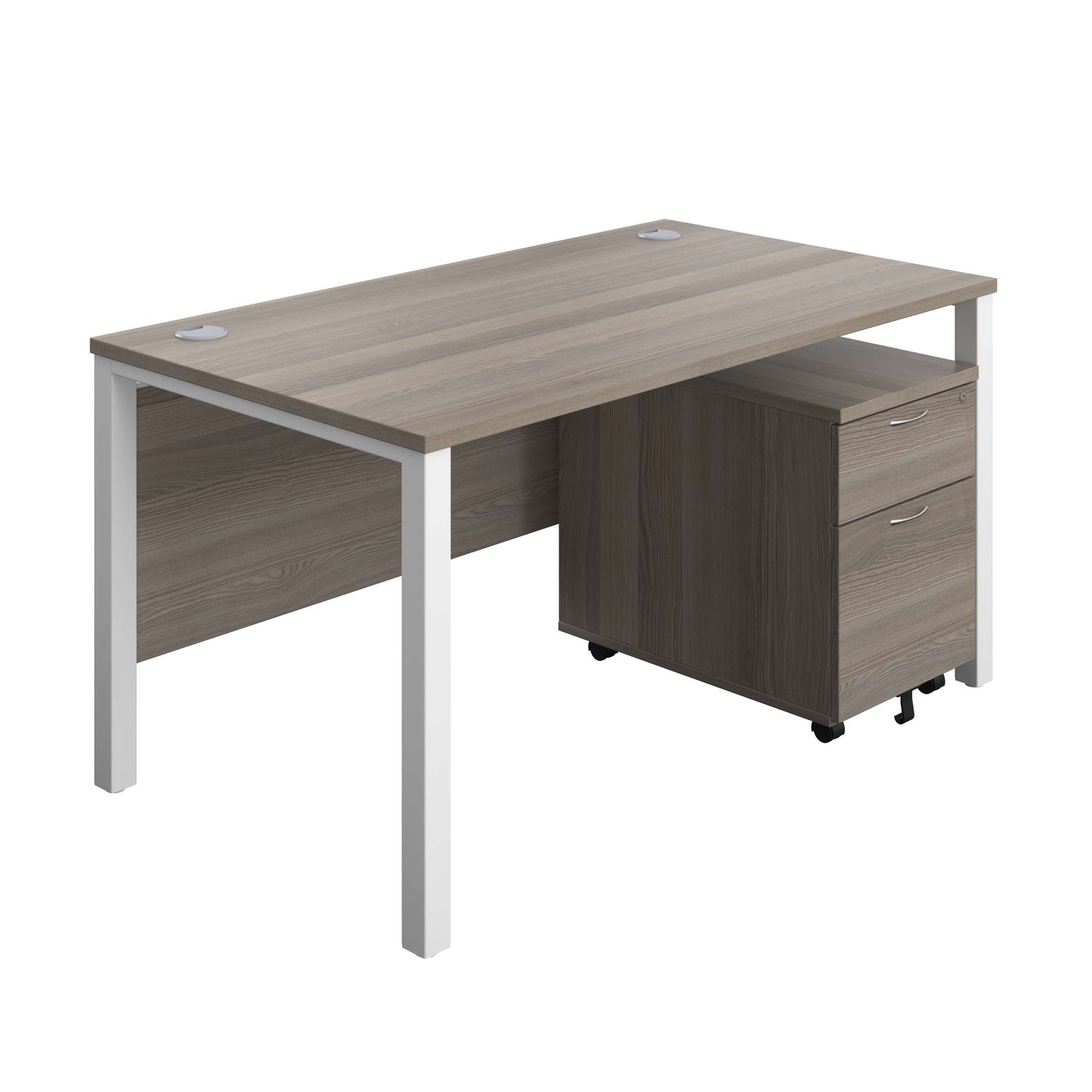 Goal Post Rectangular Desk + 2 Drawer Mobile Pedestal (FSC) | 1400x800 | Grey oak/White