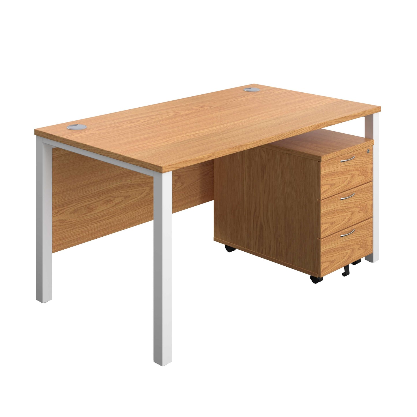 Goal Post Rectangular Desk + 3 Drawer Mobile Pedestal (FSC) | 1400x800 | Nova oak/White