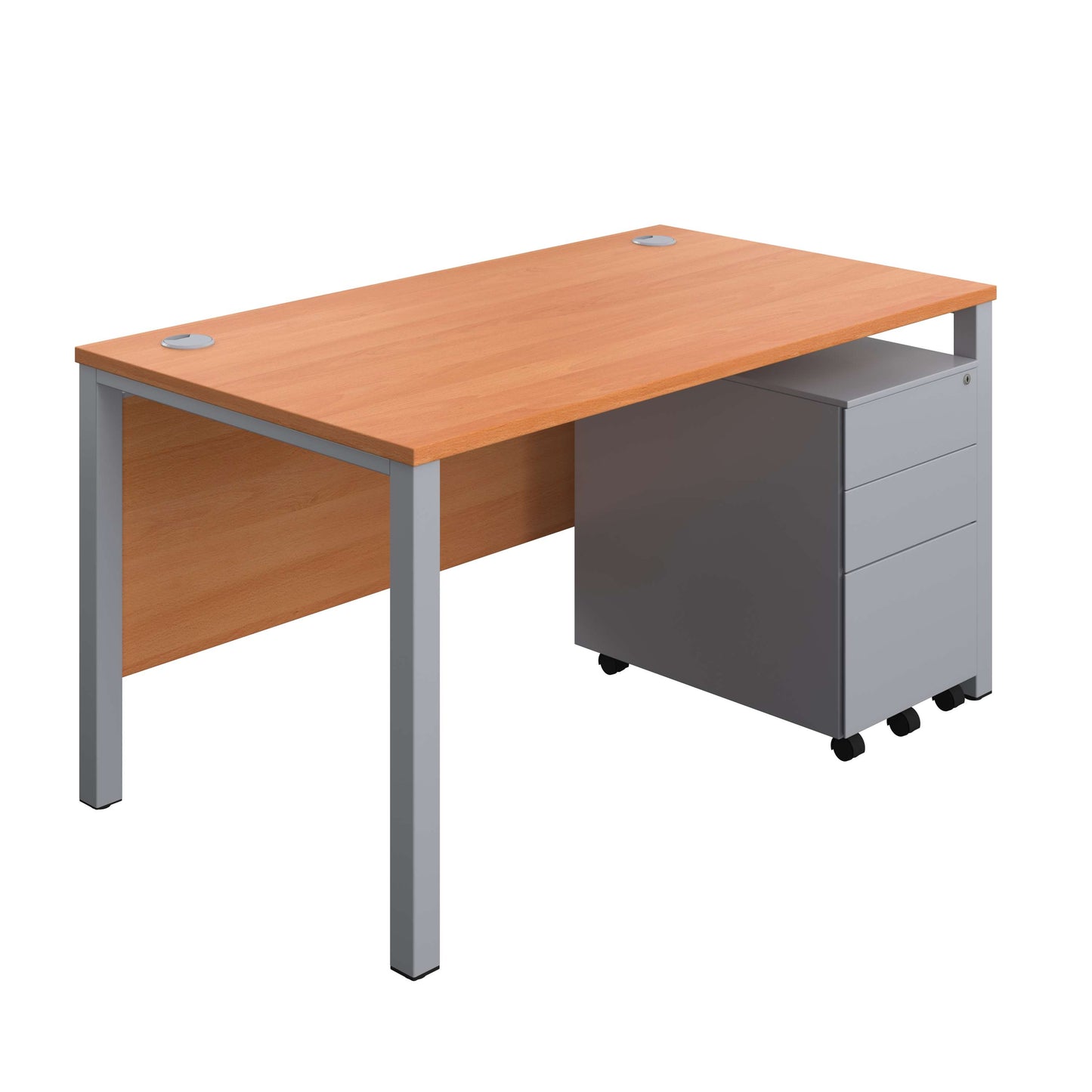 Goal Post Rectangular Desk + 3 Drawer Steel Pedestal (FSC) | 1400x800 | Beech/Silver