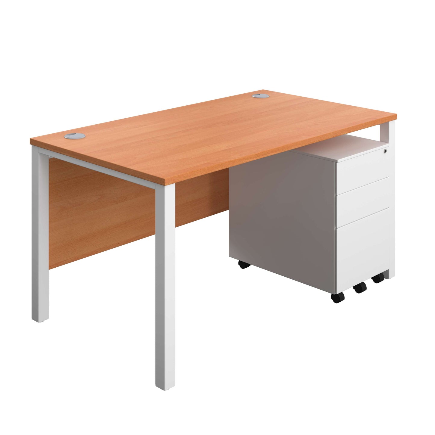 Goal Post Rectangular Desk + 3 Drawer Steel Pedestal (FSC) | 1400x800 | Beech/White