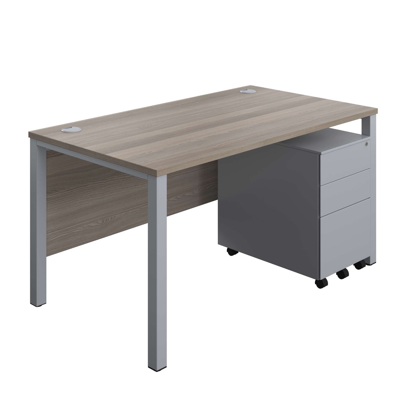 Goal Post Rectangular Desk + 3 Drawer Steel Pedestal (FSC) | 1400x800 | Grey oak/Silver