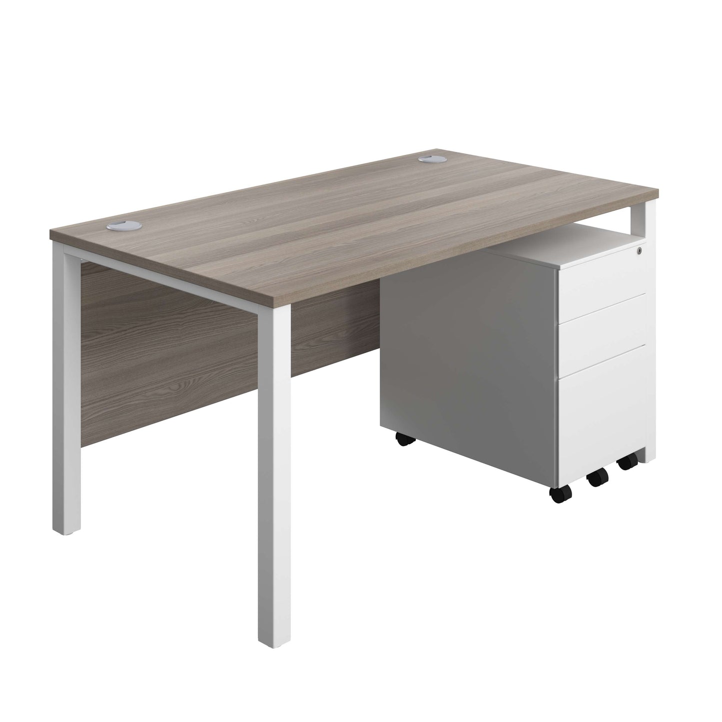 Goal Post Rectangular Desk + 3 Drawer Steel Pedestal (FSC) | 1400x800 | Grey oak/White