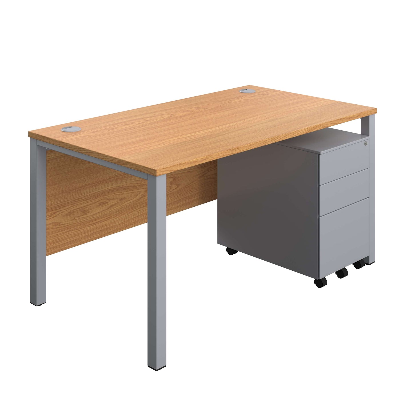 Goal Post Rectangular Desk + 3 Drawer Steel Pedestal (FSC) | 1400x800 | Nova oak/Silver