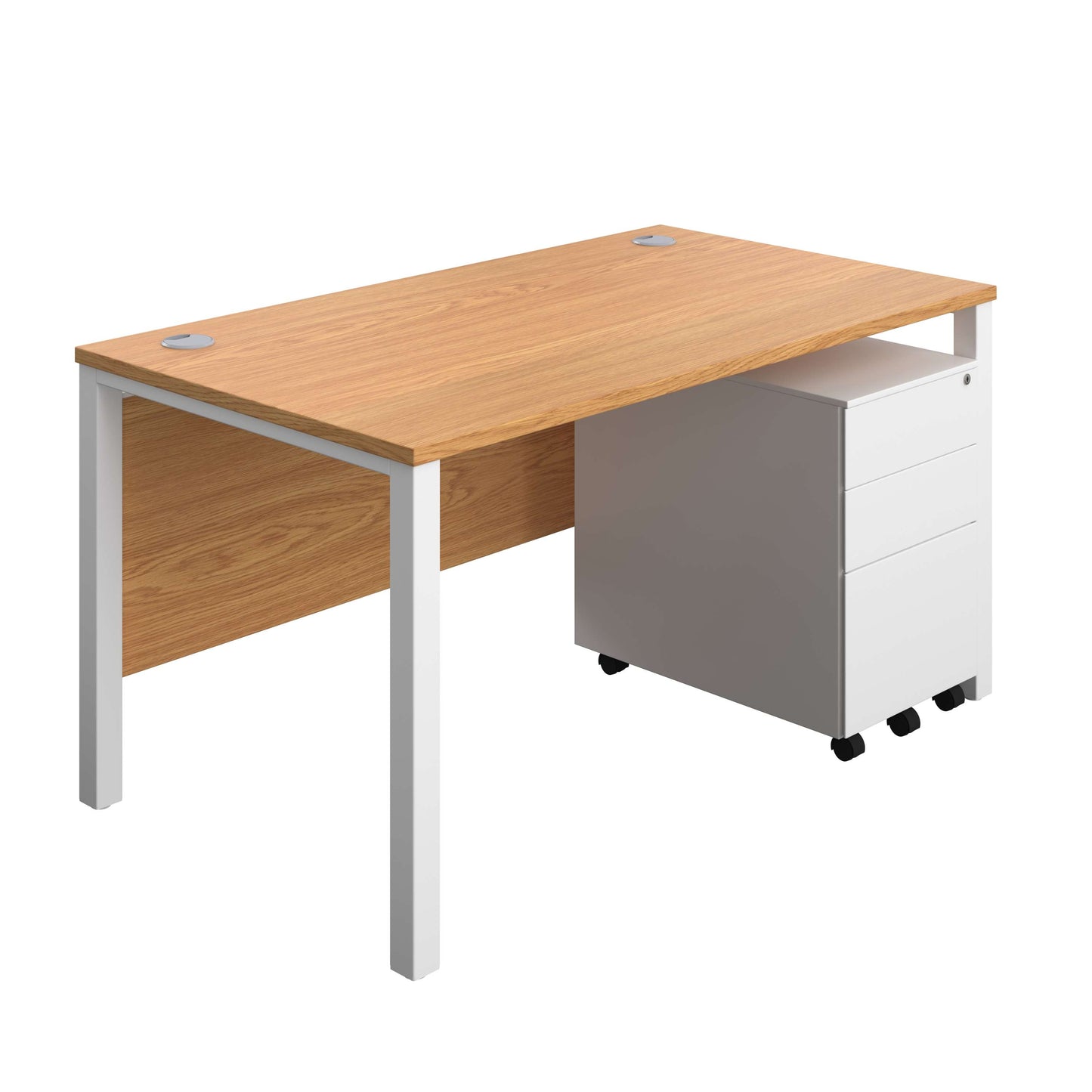 Goal Post Rectangular Desk + 3 Drawer Steel Pedestal (FSC) | 1400x800 | Nova oak/White