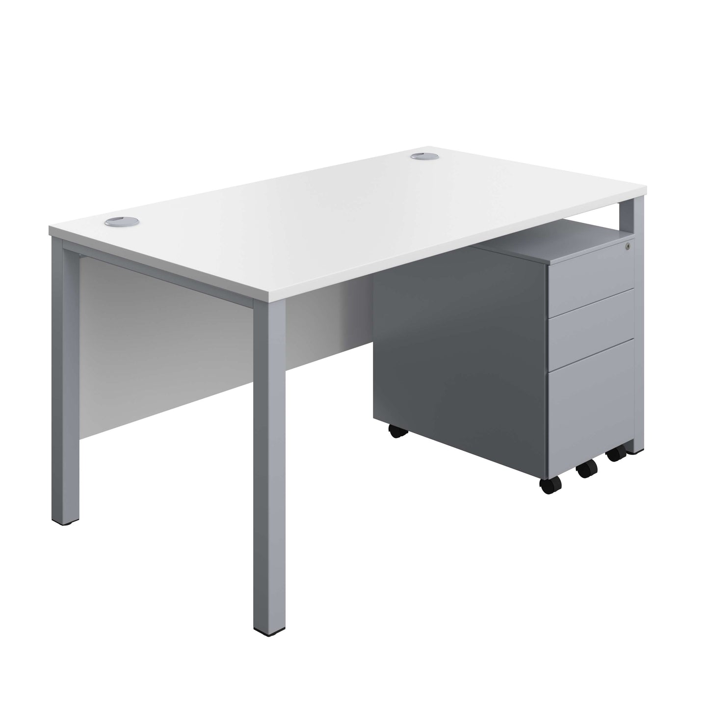 Goal Post Rectangular Desk + 3 Drawer Steel Pedestal (FSC) | 1400x800 | White/Silver