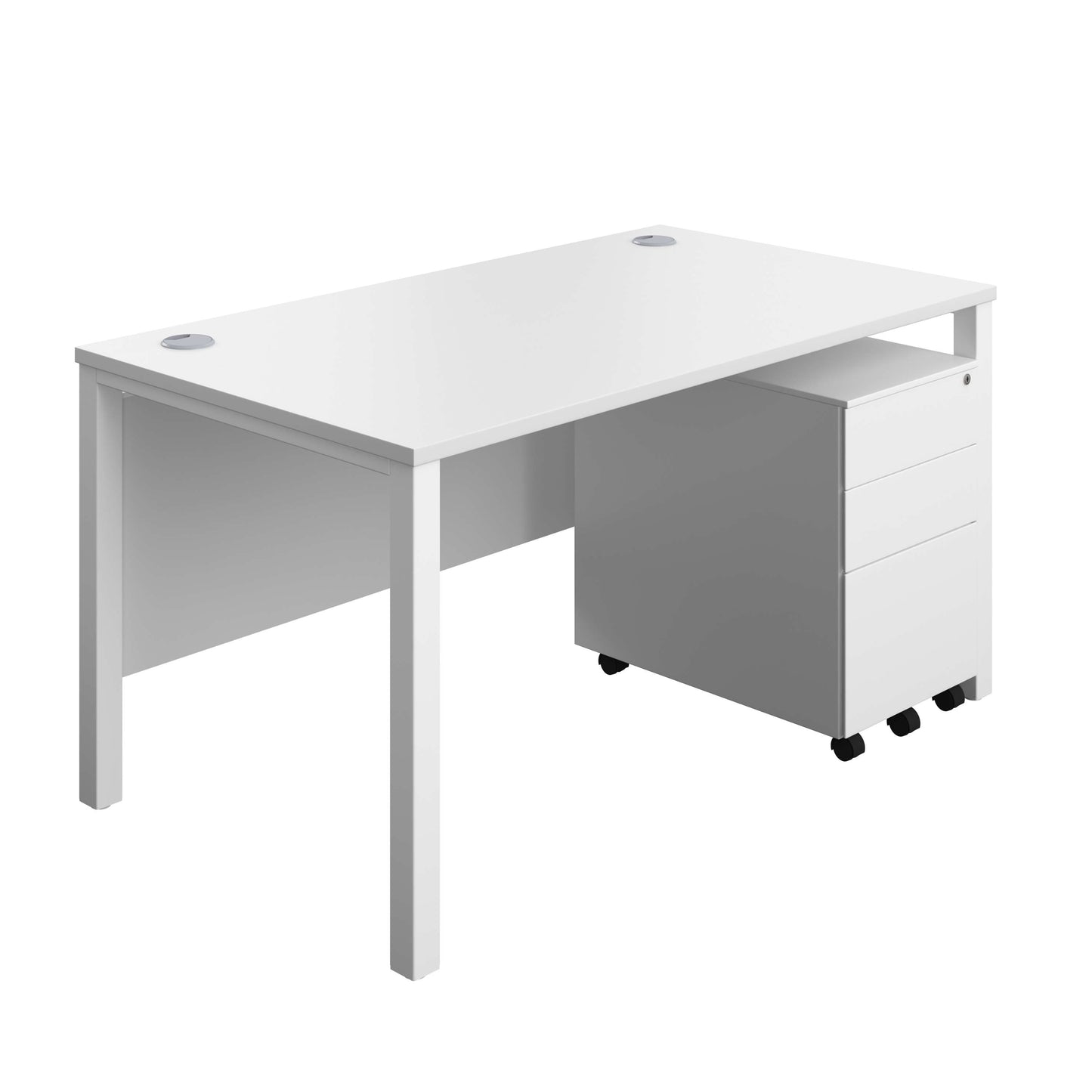 Goal Post Rectangular Desk + 3 Drawer Steel Pedestal (FSC) | 1400x800 | White/White