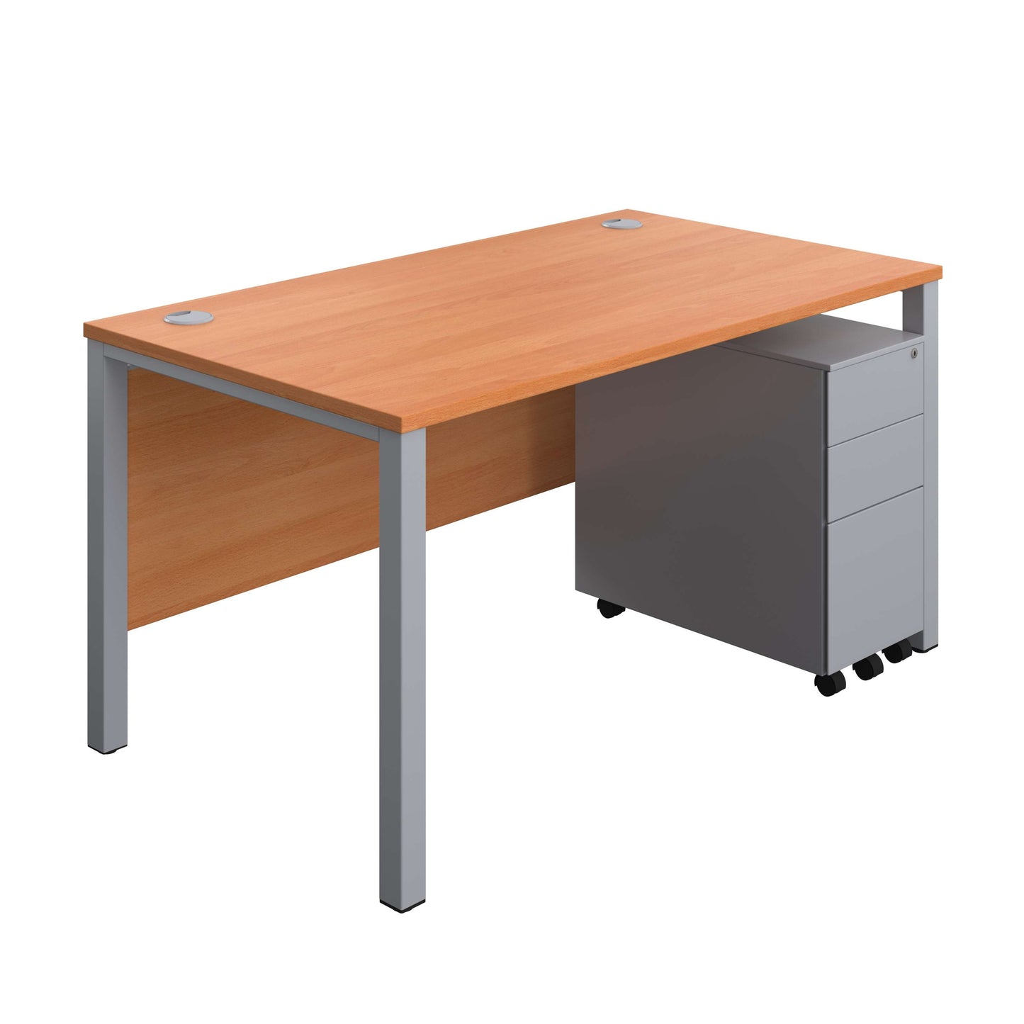 Goal Post Rectangular Desk + 3 Drawer Slimline Steel Pedestal (FSC) | 1400x800 | Beech/Silver