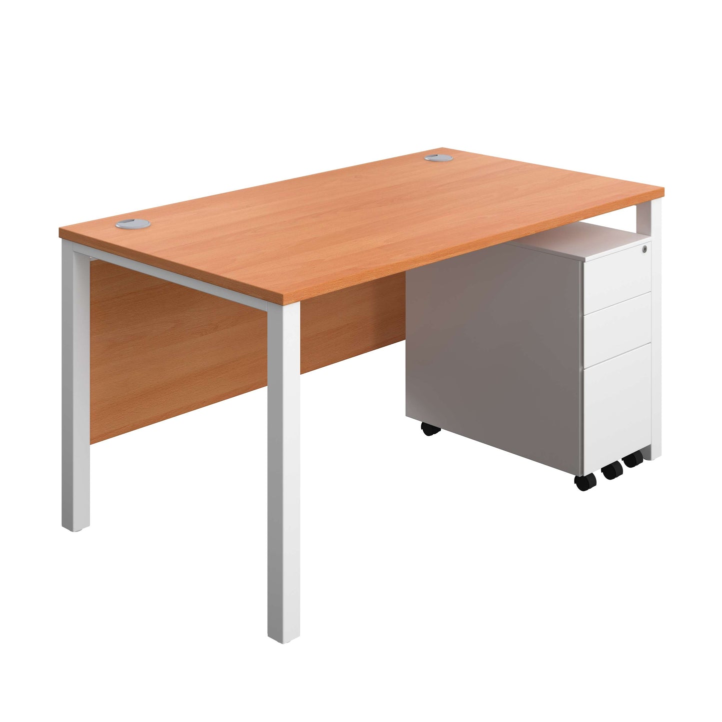 Goal Post Rectangular Desk + 3 Drawer Slimline Steel Pedestal (FSC) | 1400x800 | Beech/White
