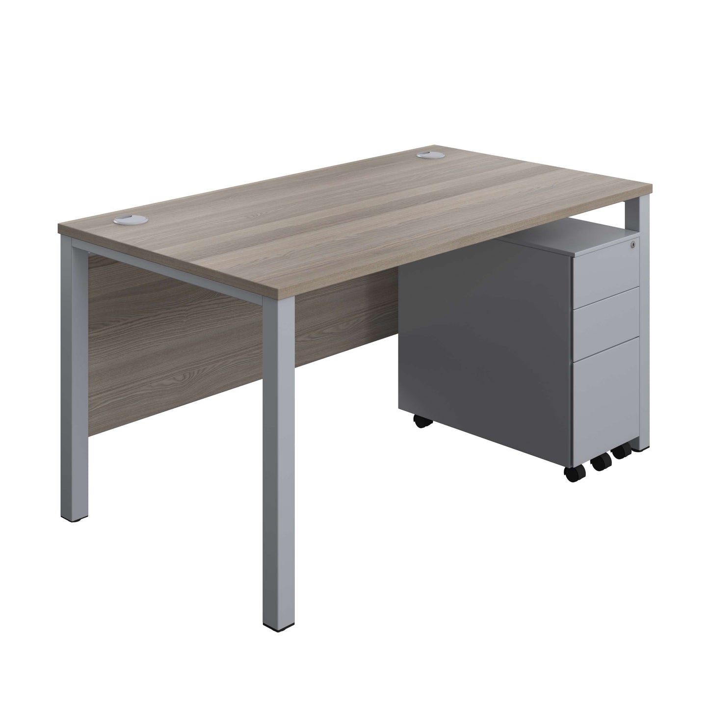 Goal Post Rectangular Desk + 3 Drawer Slimline Steel Pedestal (FSC) | 1400x800 | Grey oak/Silver