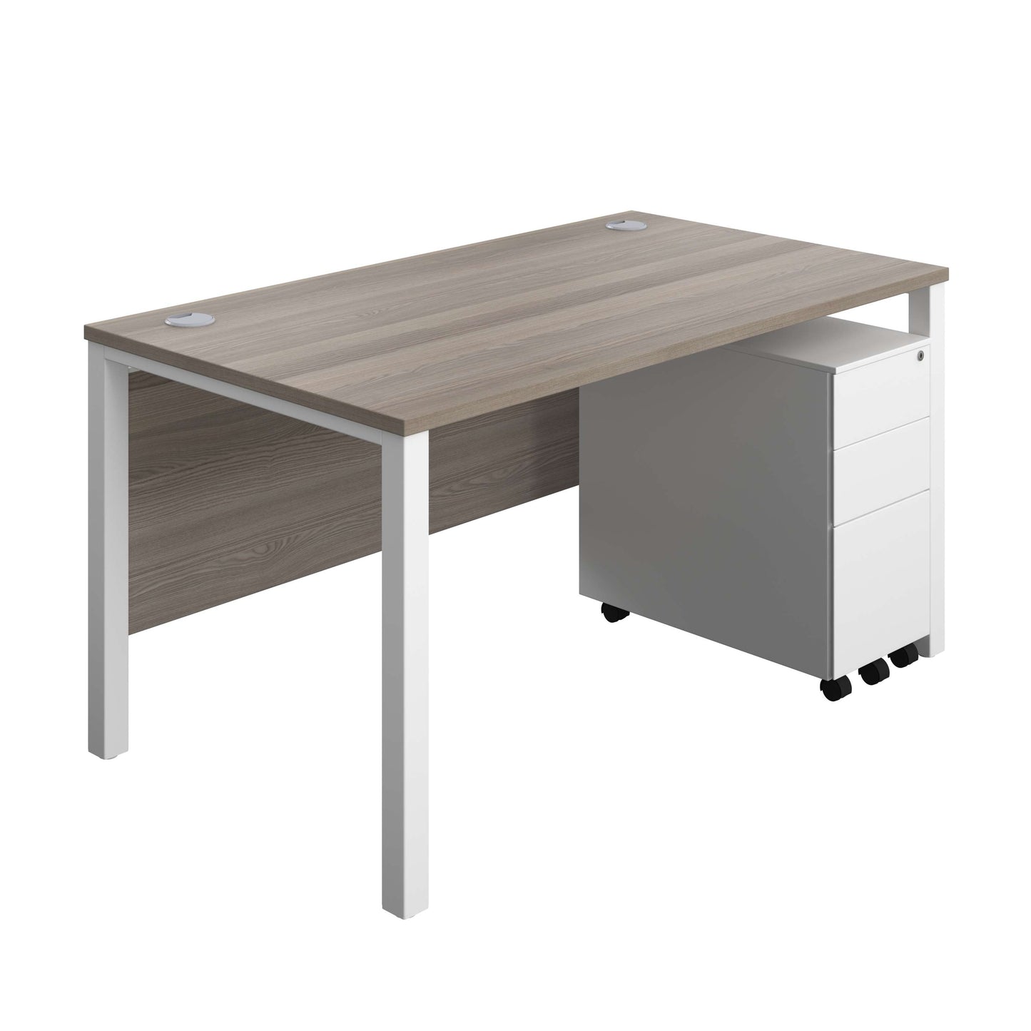 Goal Post Rectangular Desk + 3 Drawer Slimline Steel Pedestal (FSC) | 1400x800 | Grey oak/White
