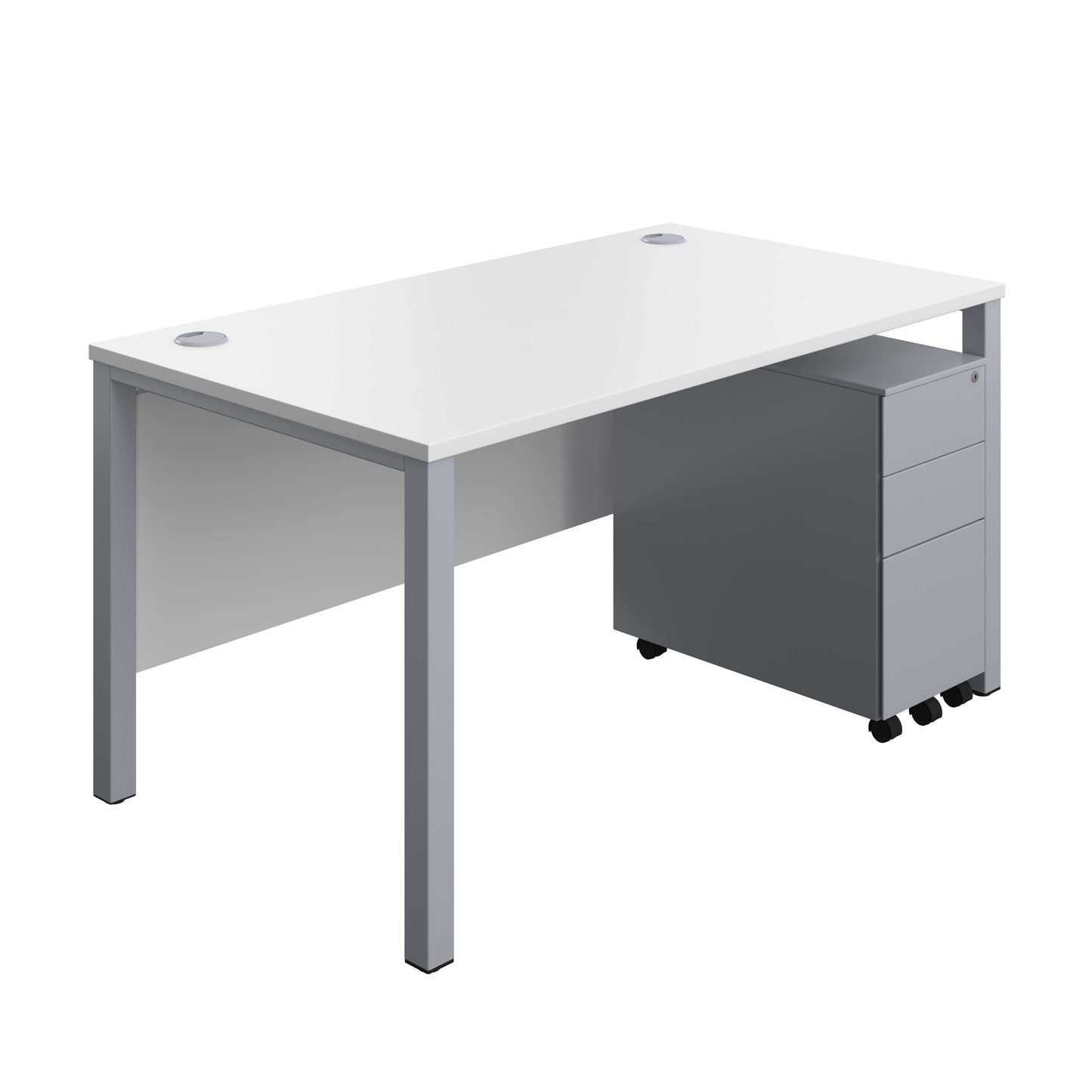 Goal Post Rectangular Desk + 3 Drawer Slimline Steel Pedestal (FSC) | 1400x800 | White/Silver