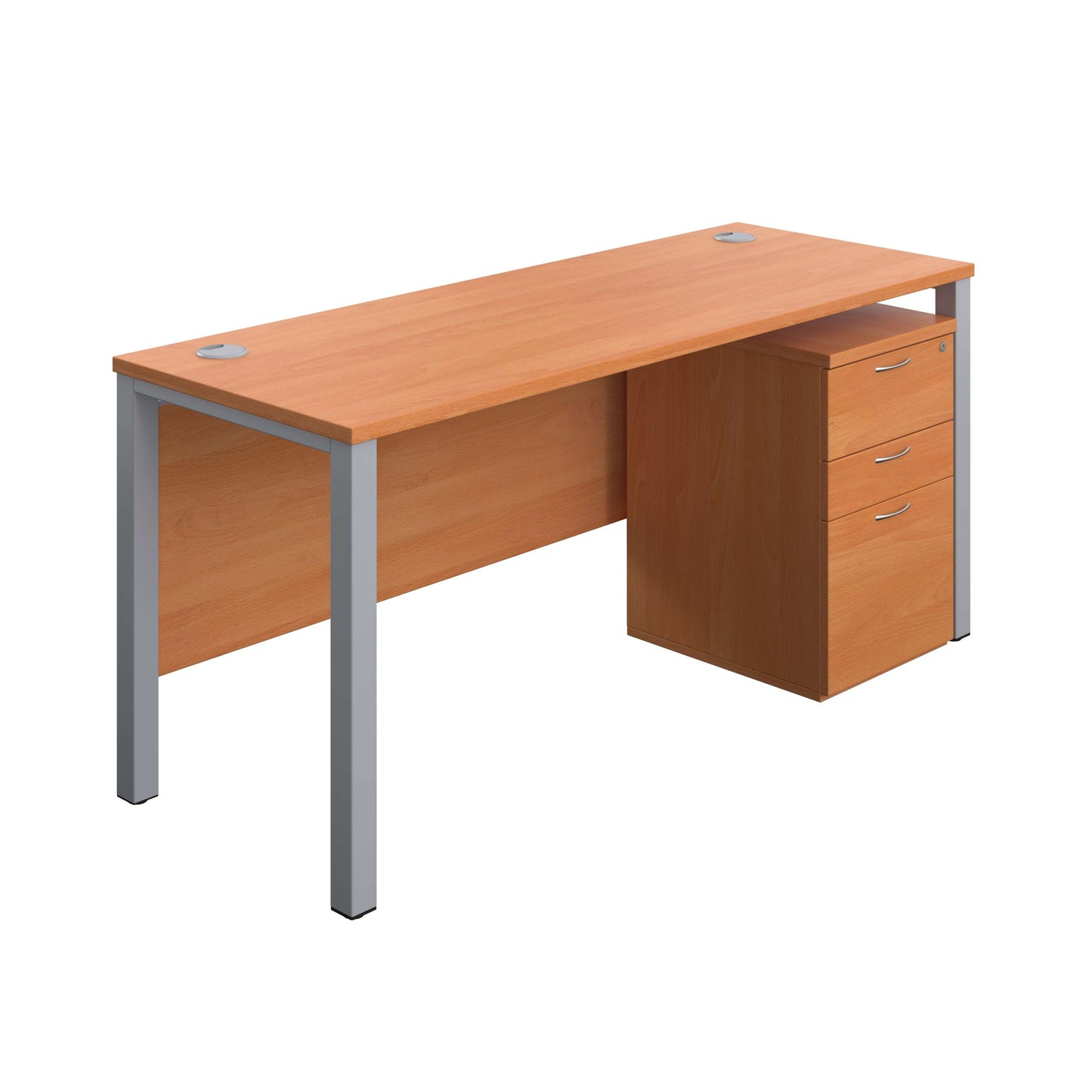 Goal Post Rectangular Desk + 3 Drawer High Mobile Pedestal (FSC) | 1600x600 | Beech/Silver