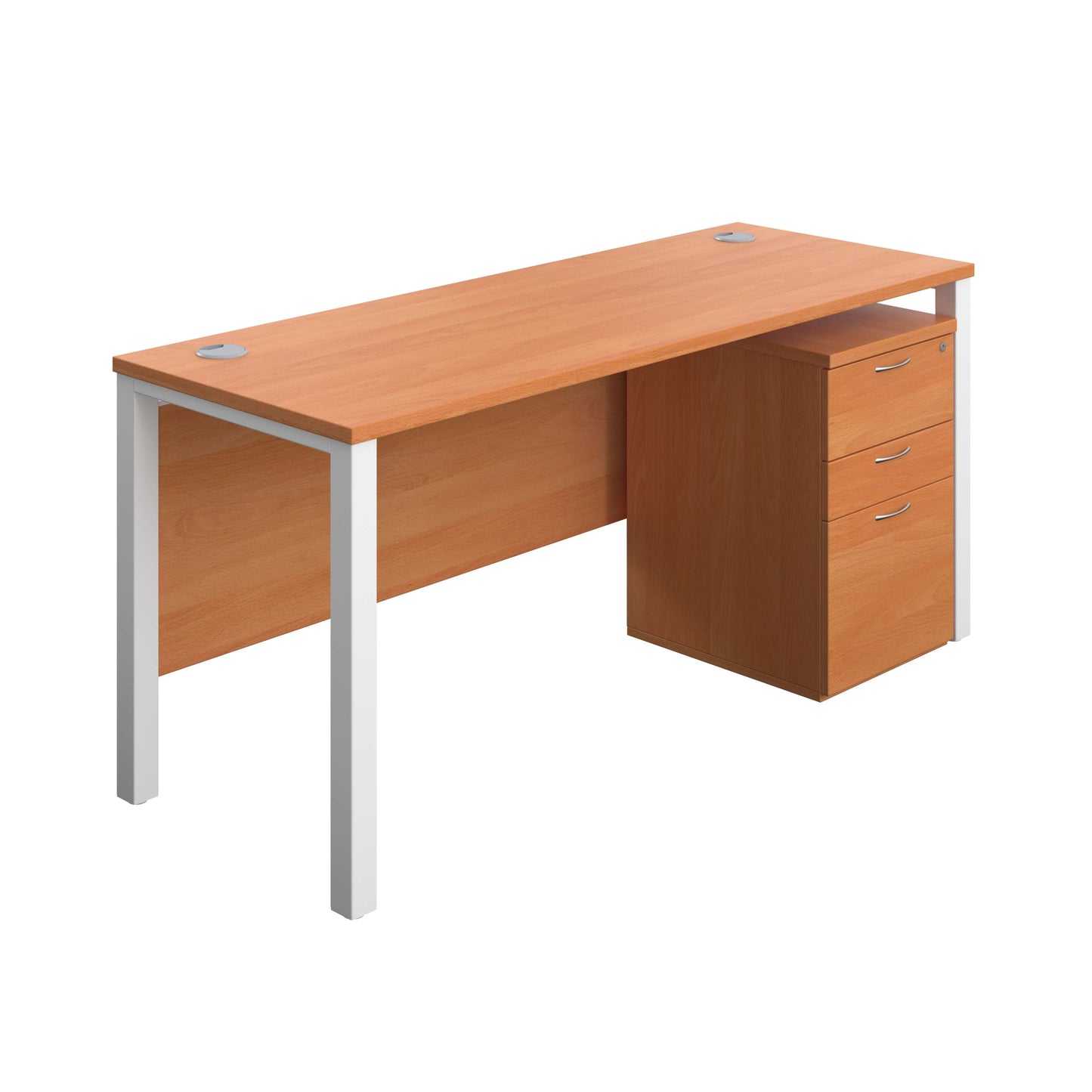 Goal Post Rectangular Desk + 3 Drawer High Mobile Pedestal (FSC) | 1600x600 | Beech/White