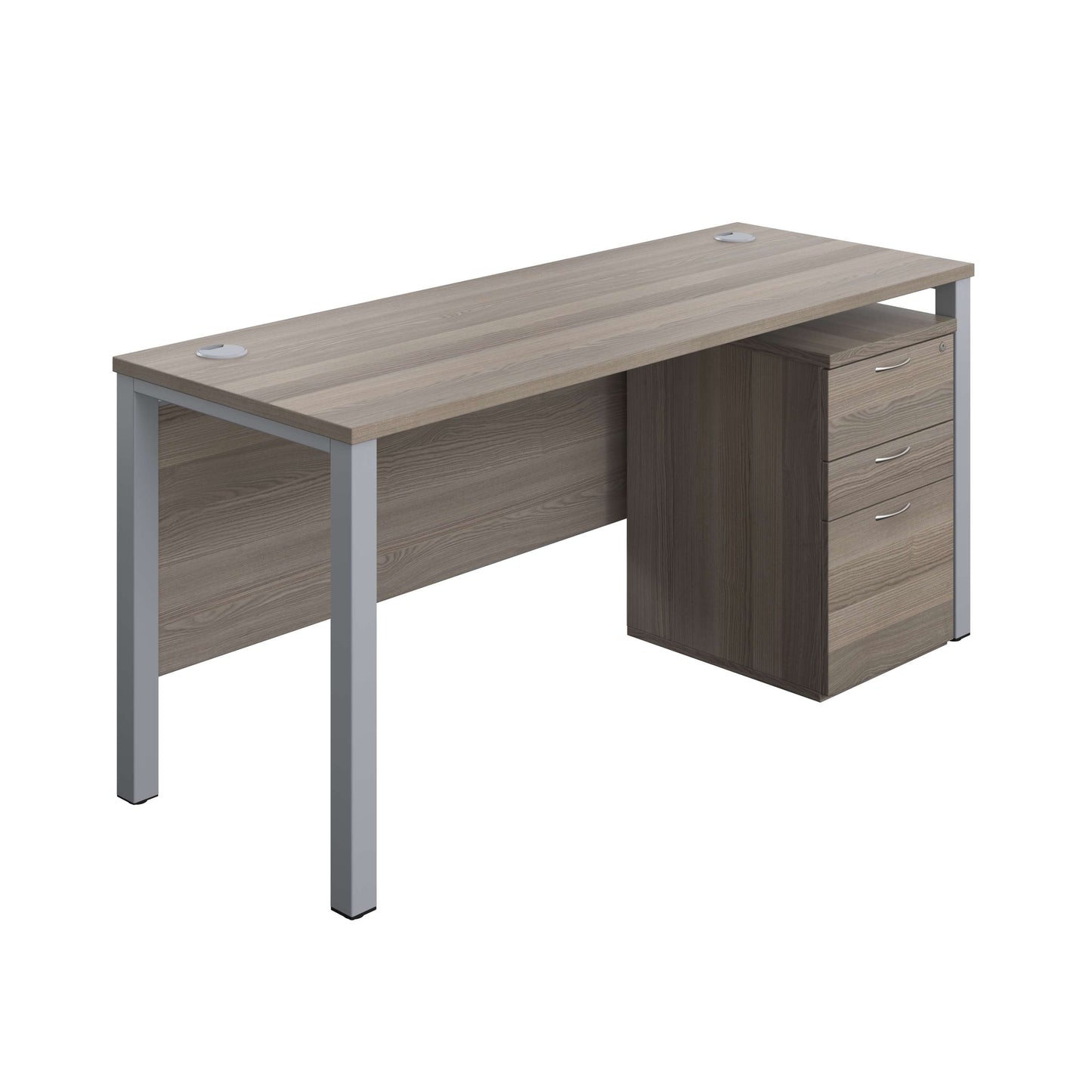 Goal Post Rectangular Desk + 3 Drawer High Mobile Pedestal (FSC) | 1600x600 | Grey oak/Silver