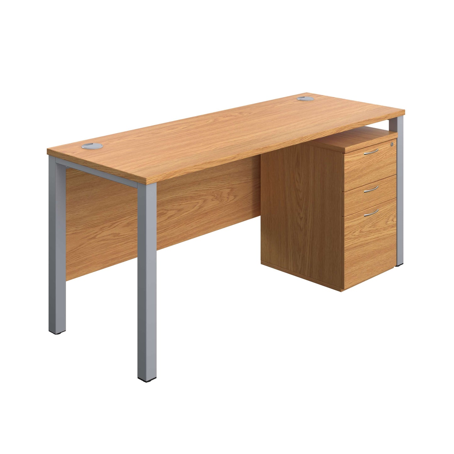 Goal Post Rectangular Desk + 3 Drawer High Mobile Pedestal (FSC) | 1600x600 | Nova oak/Silver