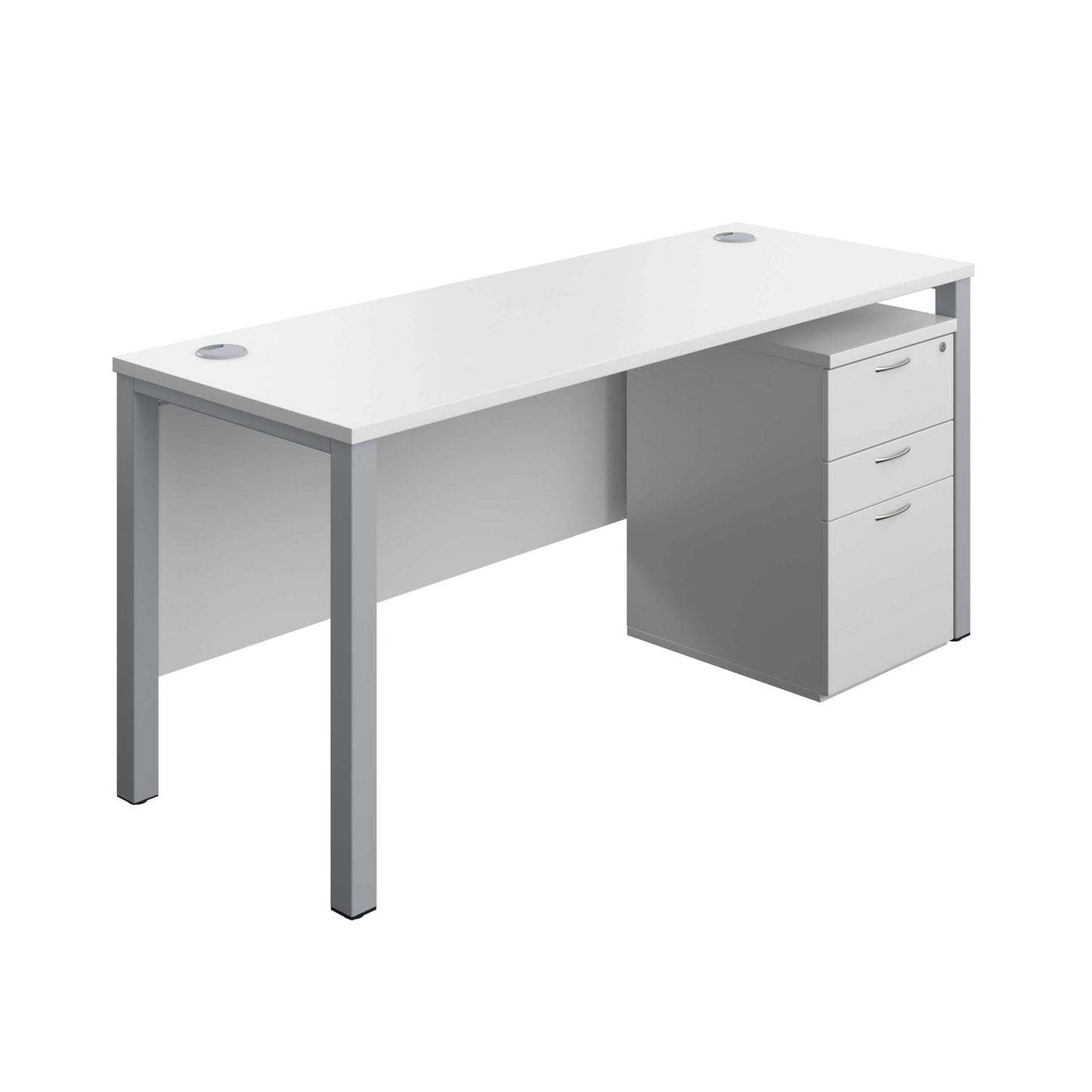 Goal Post Rectangular Desk + 3 Drawer High Mobile Pedestal (FSC) | 1600x600 | White/Silver