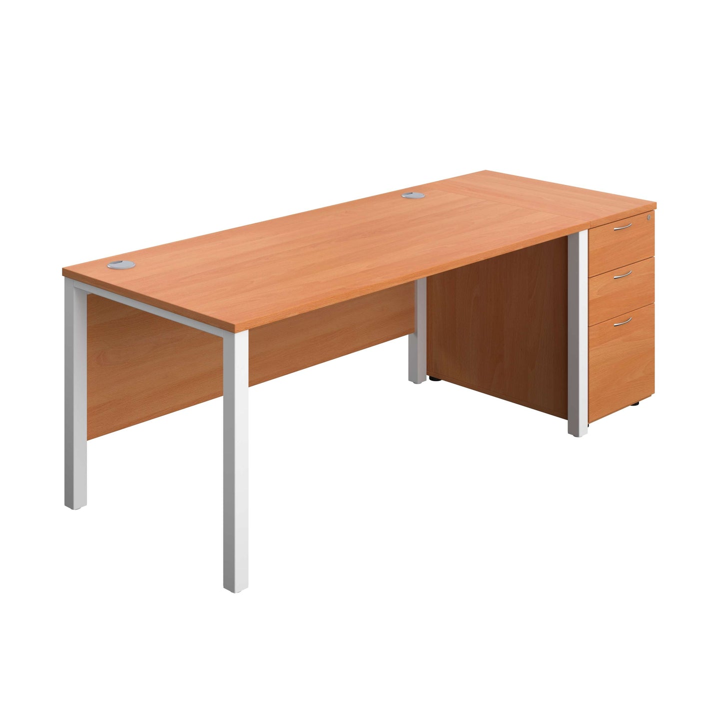 Goal Post Rectangular Desk + 3 Drawer Desk High Pedestal (FSC) | 1600x800 | Beech/White