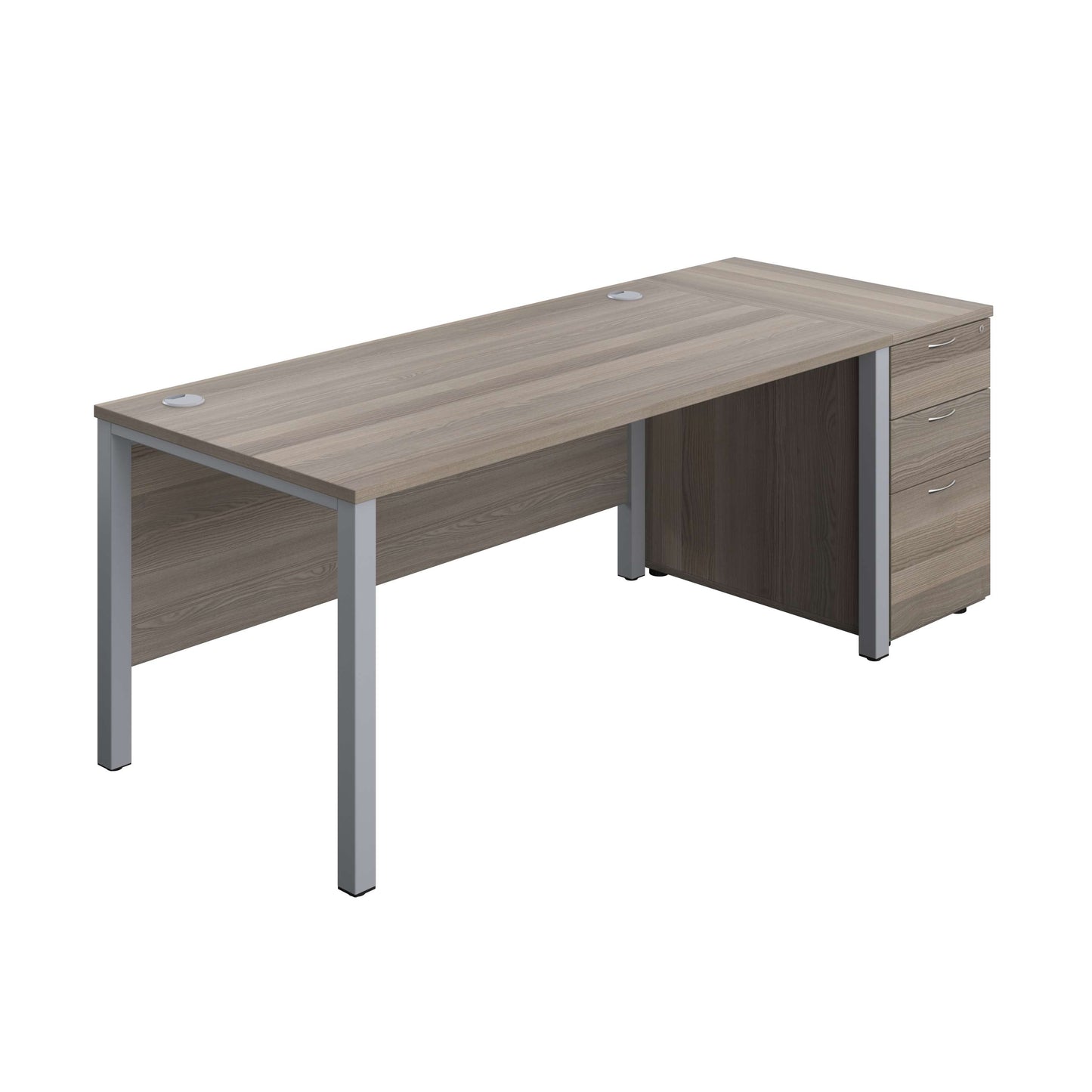 Goal Post Rectangular Desk + 3 Drawer Desk High Pedestal (FSC) | 1600x800 | Grey oak/Silver
