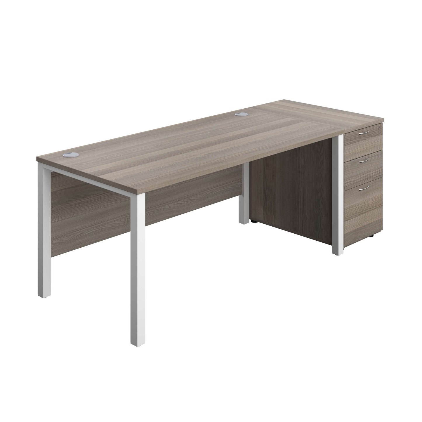 Goal Post Rectangular Desk + 3 Drawer Desk High Pedestal (FSC) | 1600x800 | Grey oak/White