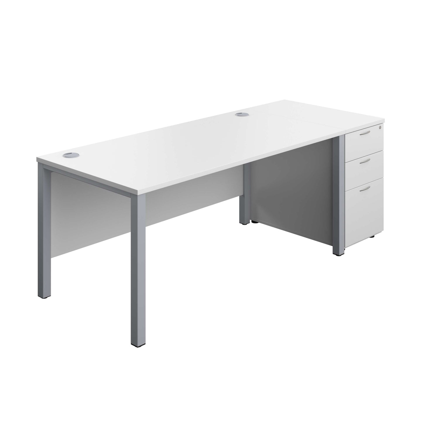 Goal Post Rectangular Desk + 3 Drawer Desk High Pedestal (FSC) | 1600x800 | White/Silver