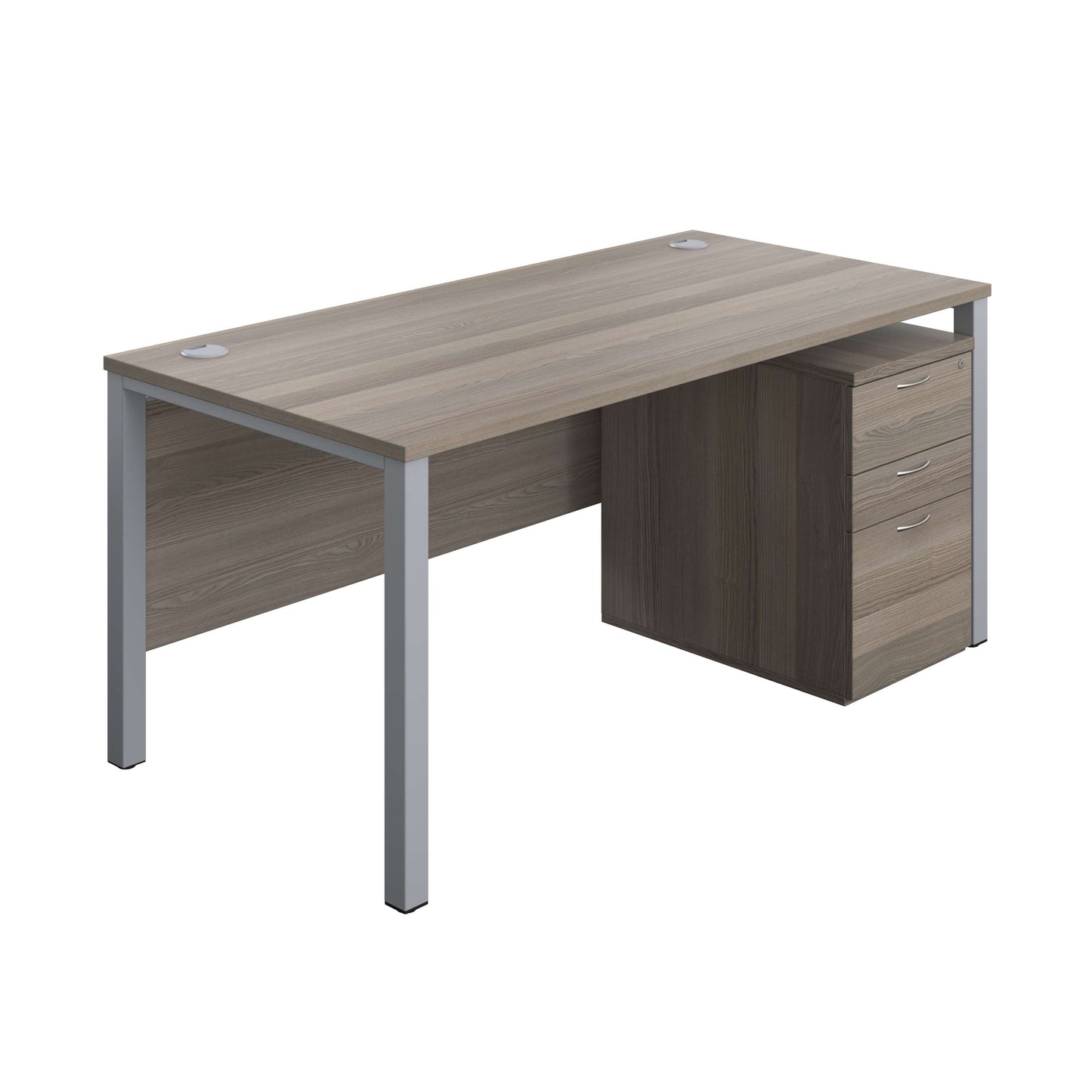 Goal Post Rectangular Desk + 3 Drawer High Mobile Pedestal (FSC) | 1600x800 | Grey oak/Silver