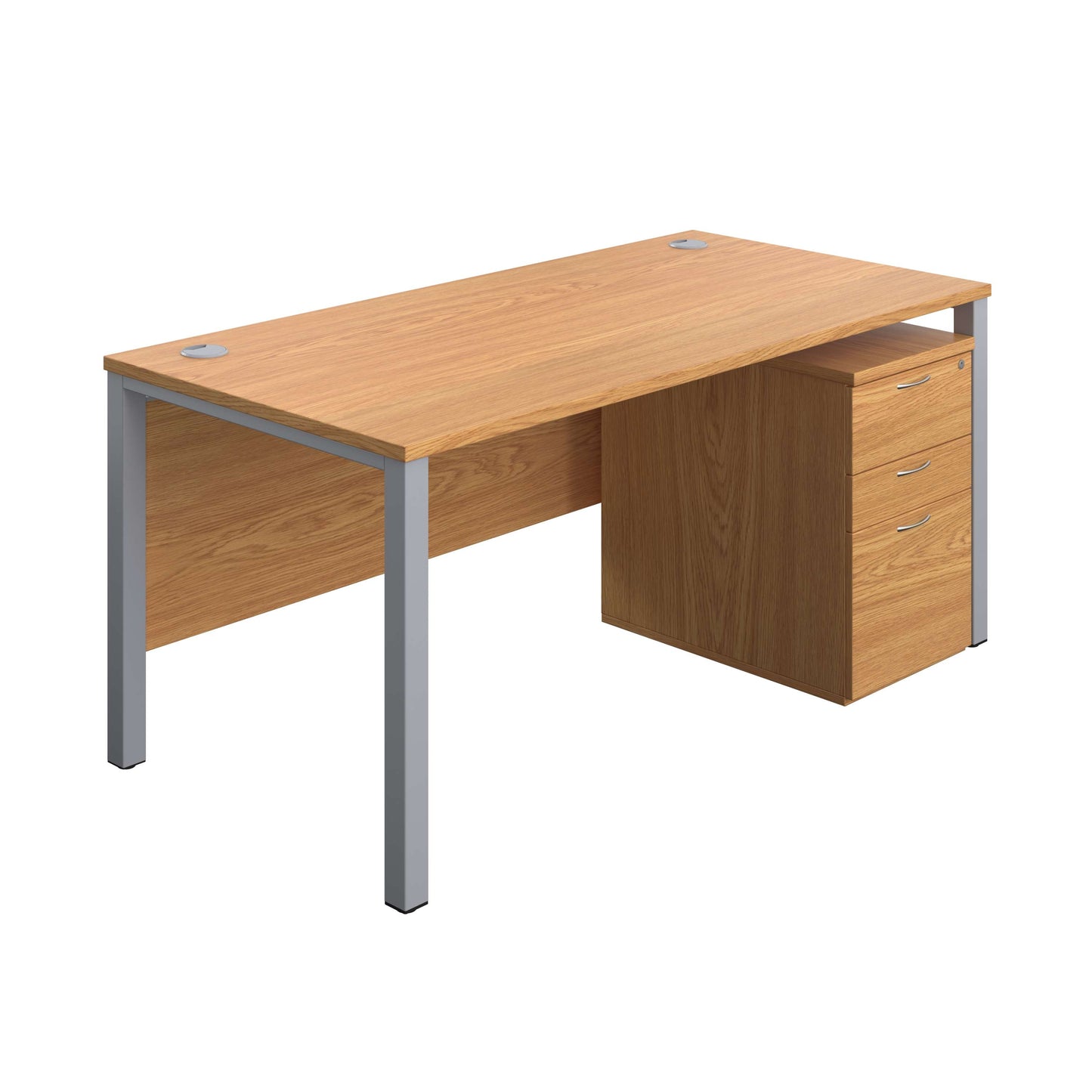Goal Post Rectangular Desk + 3 Drawer High Mobile Pedestal (FSC) | 1600x800 | Nova oak/Silver