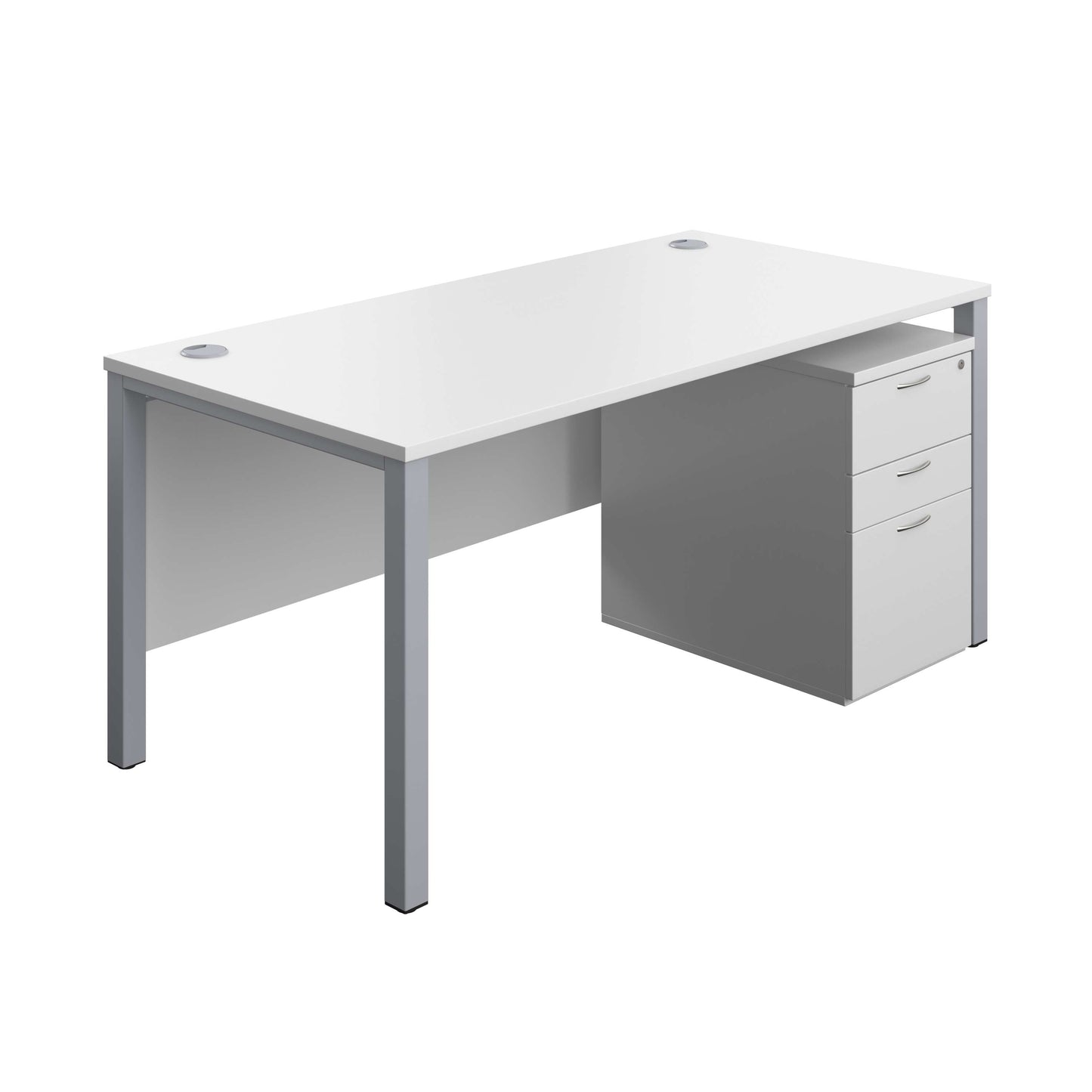 Goal Post Rectangular Desk + 3 Drawer High Mobile Pedestal (FSC) | 1600x800 | White/Silver