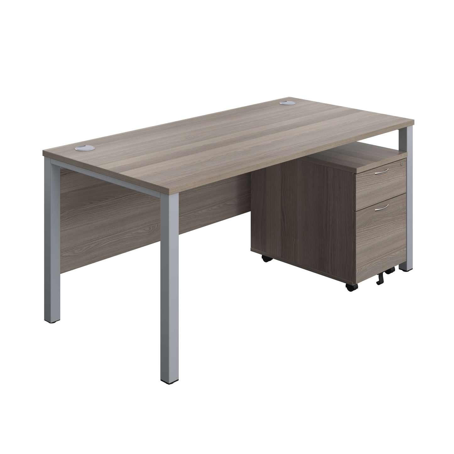 Goal Post Rectangular Desk + 2 Drawer Mobile Pedestal (FSC) | 1600x800 | Grey oak/Silver
