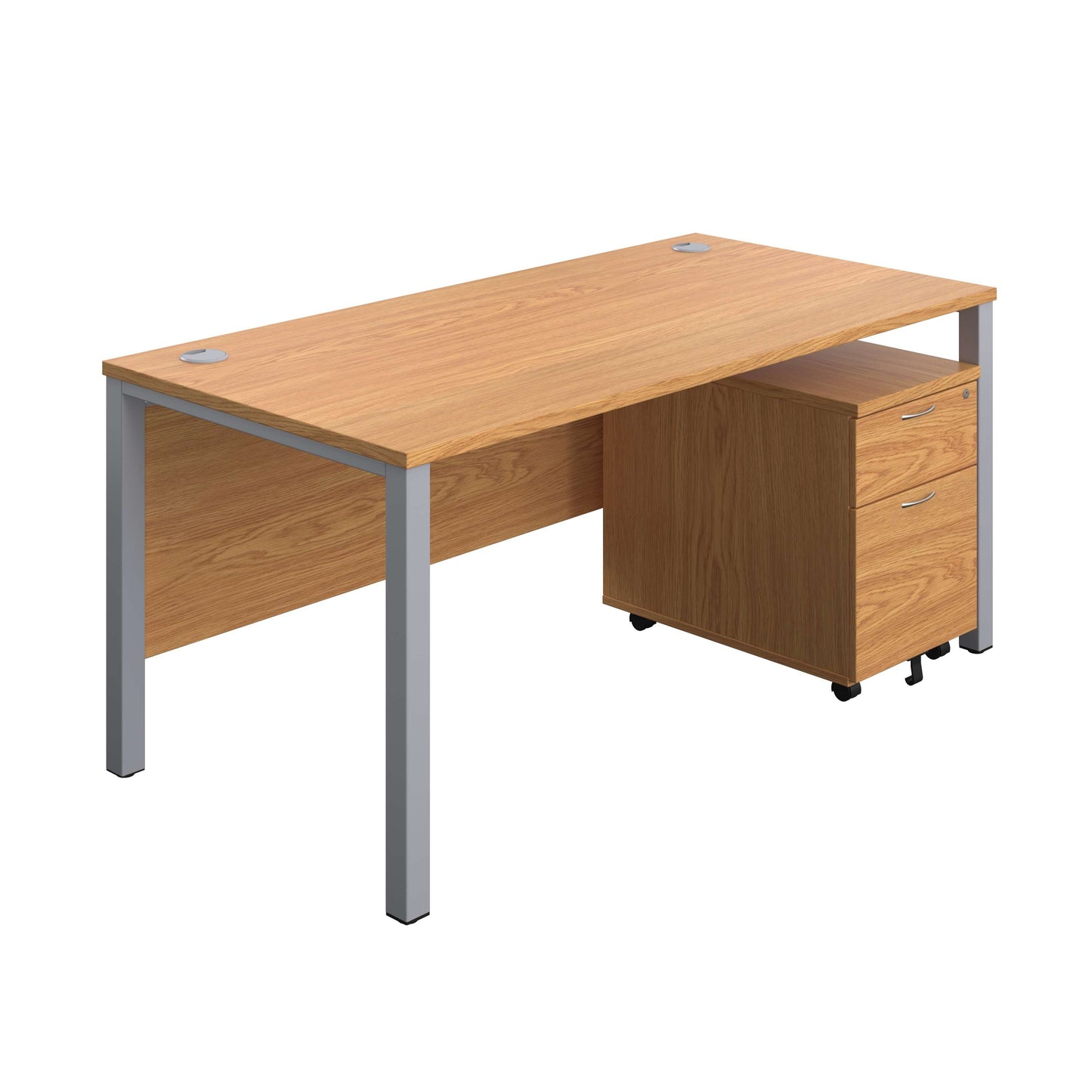 Goal Post Rectangular Desk + 2 Drawer Mobile Pedestal (FSC) | 1600x800 | Nova oak/Silver