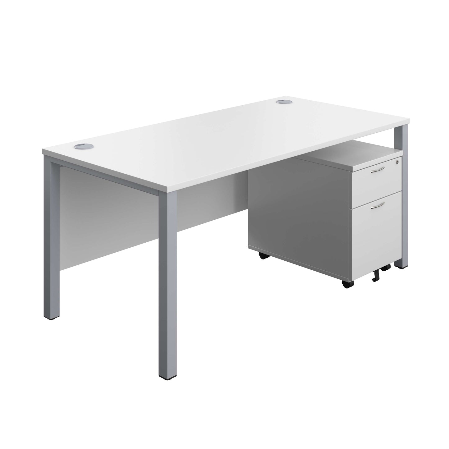 Goal Post Rectangular Desk + 2 Drawer Mobile Pedestal (FSC) | 1600x800 | White/Silver