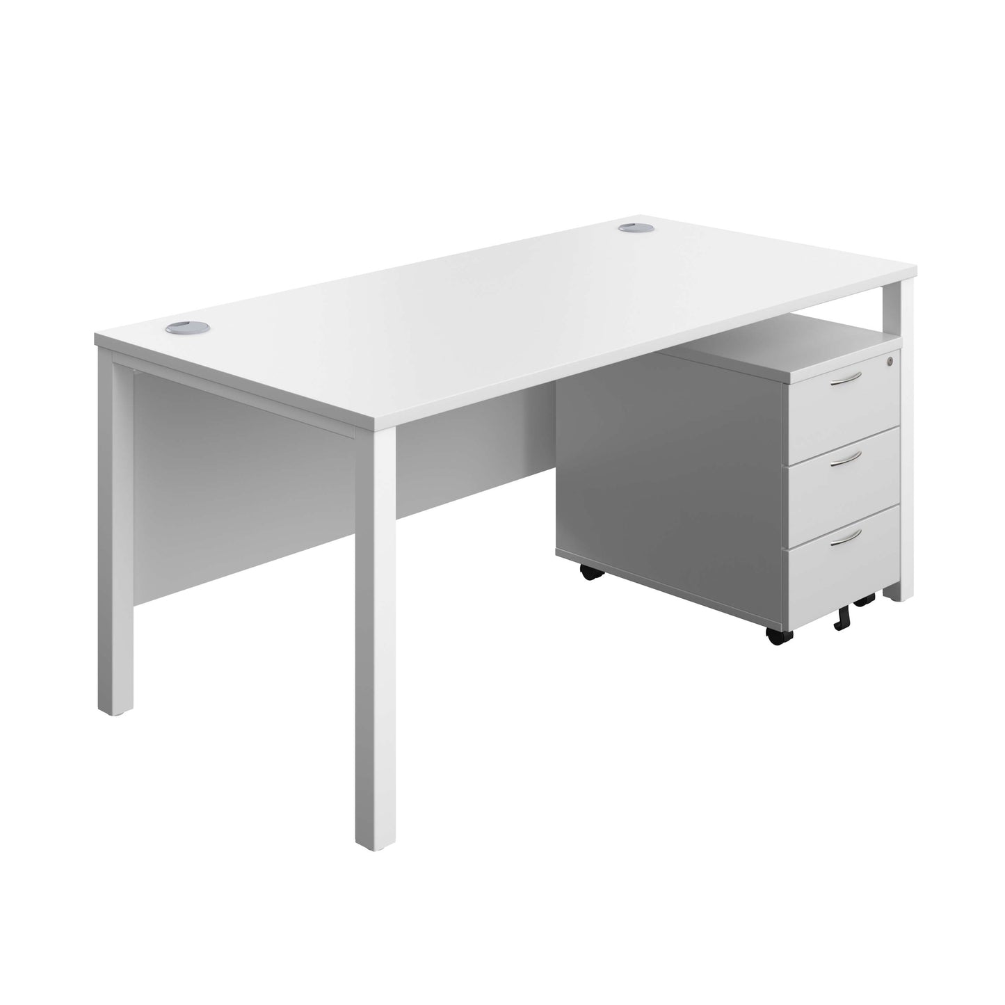 Goal Post Rectangular Desk + 3 Drawer Mobile Pedestal (FSC) | 1600x800 | White/White