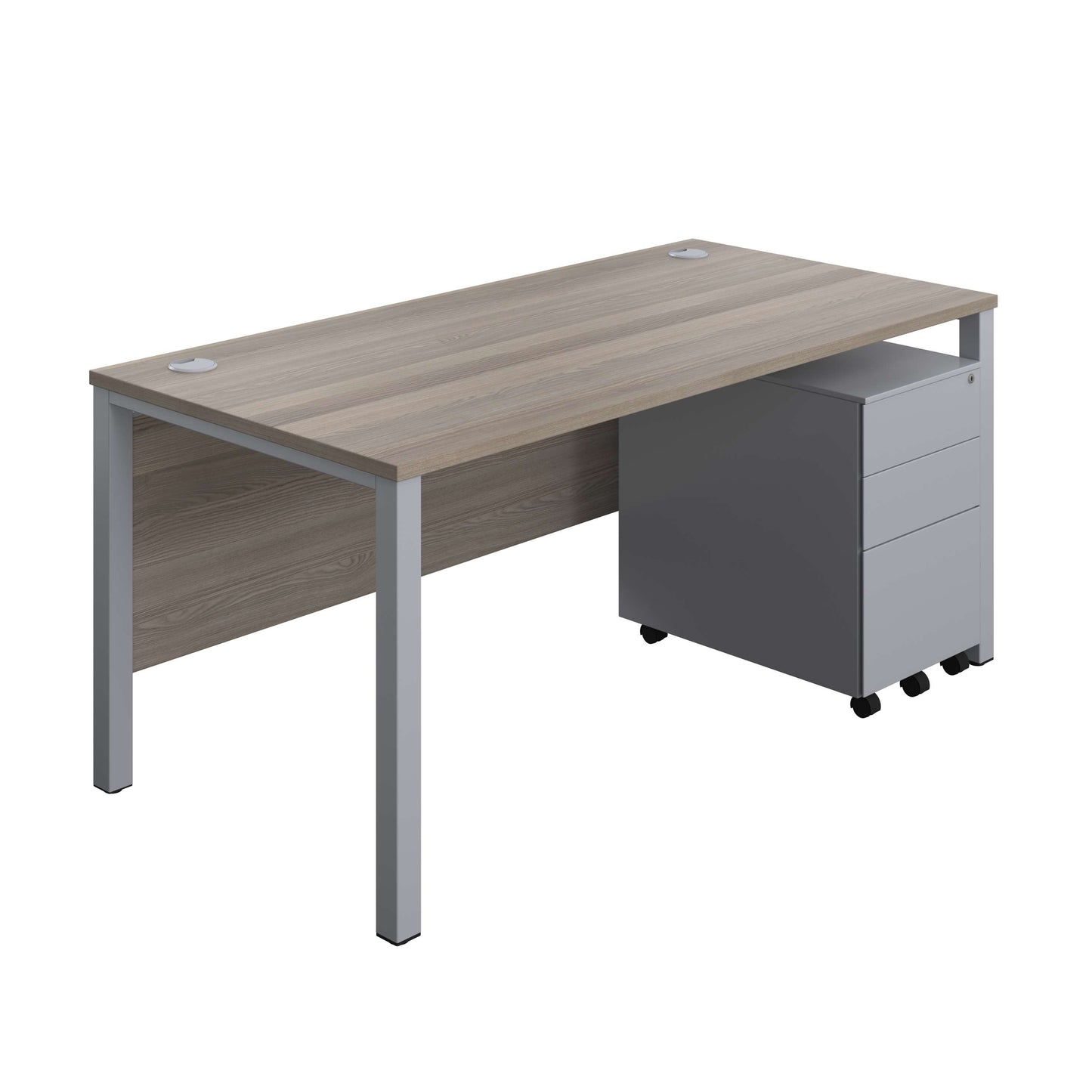 Goal Post Rectangular Desk + 3 Drawer Steel Pedestal (FSC) | 1600x800 | Grey oak/Silver