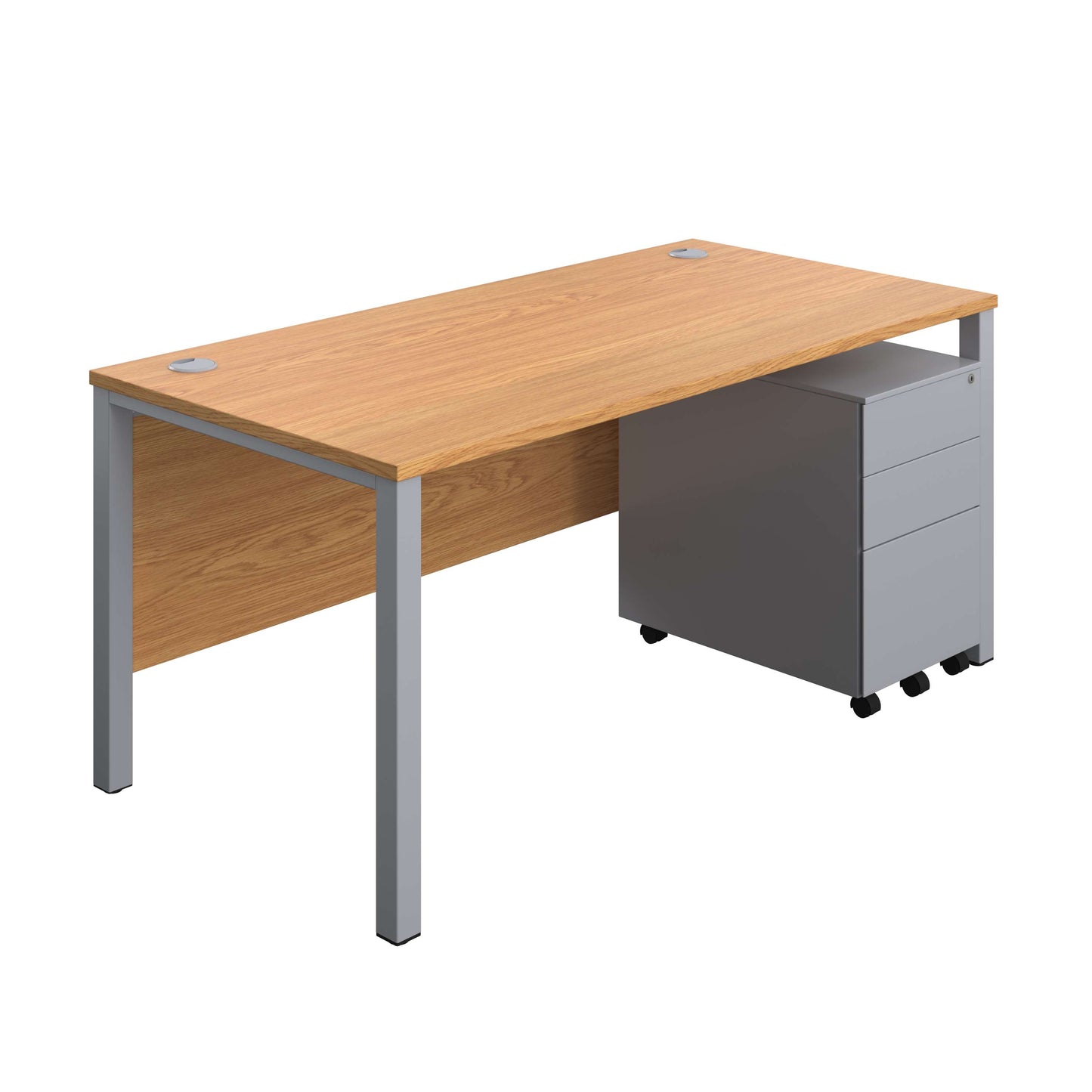 Goal Post Rectangular Desk + 3 Drawer Steel Pedestal (FSC) | 1600x800 | Nova oak/Silver