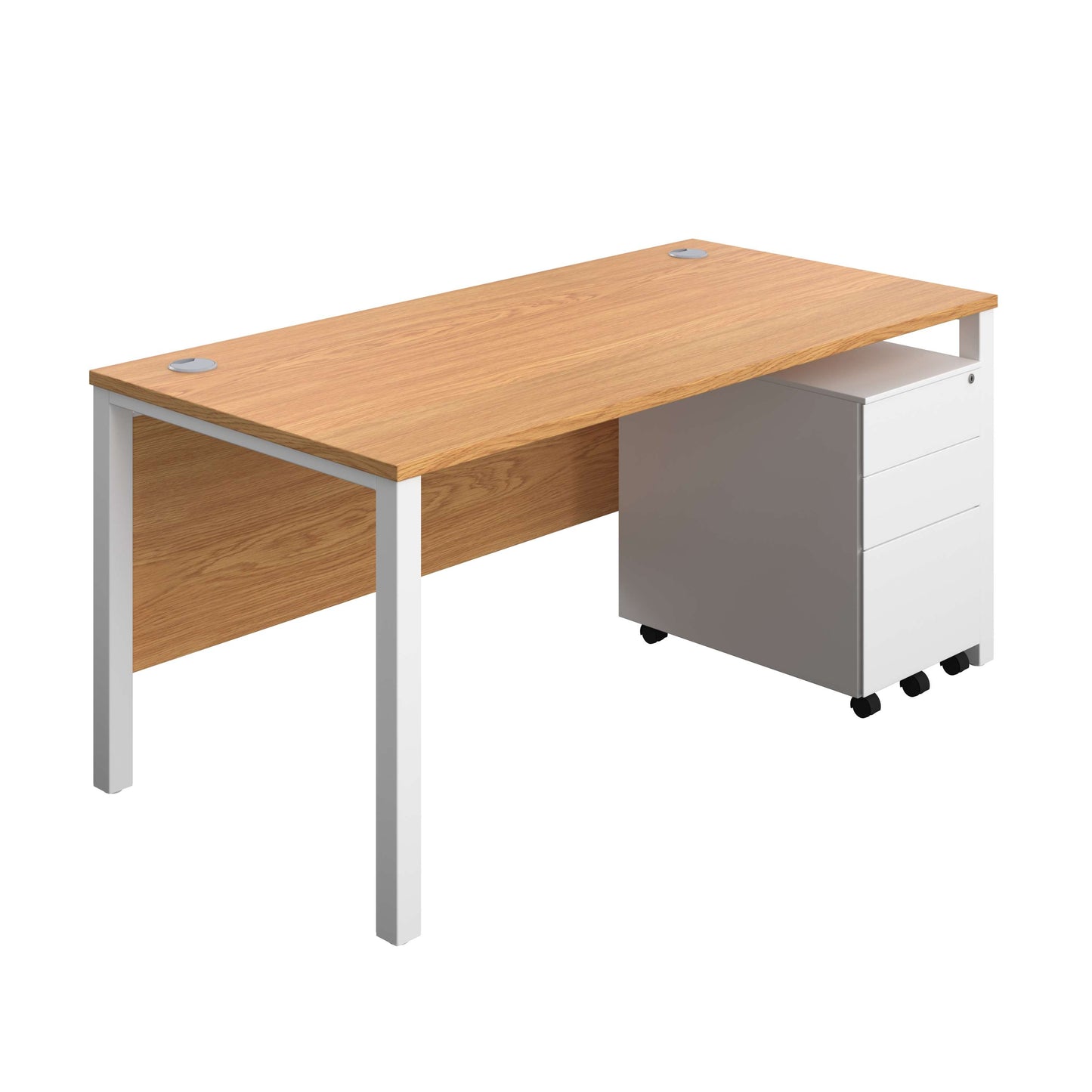 Goal Post Rectangular Desk + 3 Drawer Steel Pedestal (FSC) | 1600x800 | Nova oak/White