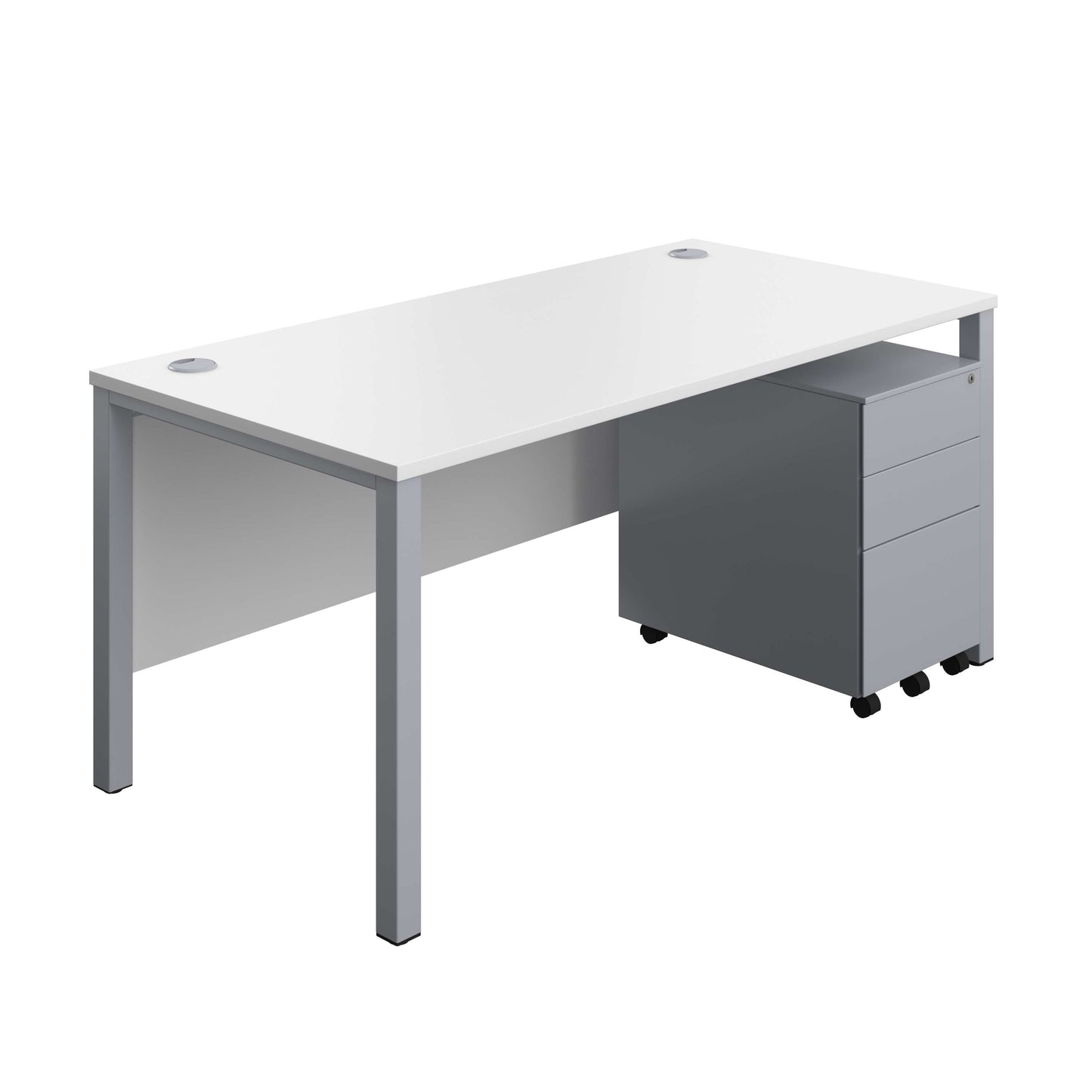 Goal Post Rectangular Desk + 3 Drawer Steel Pedestal (FSC) | 1600x800 | White/Silver