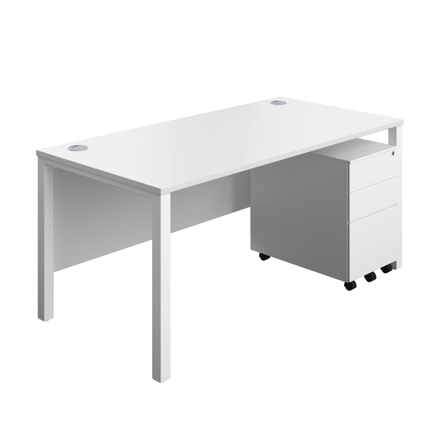 Goal Post Rectangular Desk + 3 Drawer Steel Pedestal (FSC) | 1600x800 | White/White