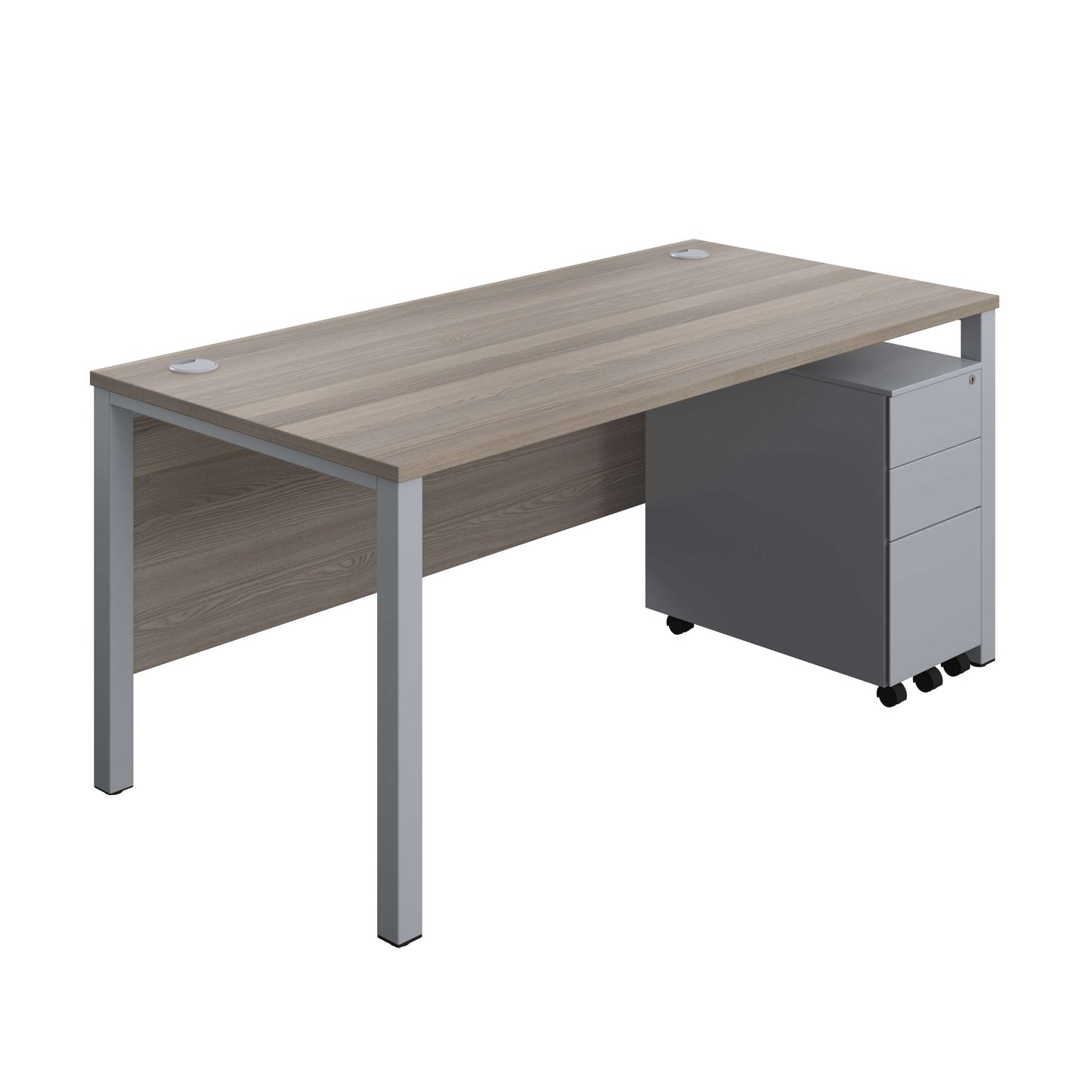 Goal Post Rectangular Desk + 3 Drawer Slimline Steel Pedestal (FSC) | 1600x800 | Grey oak/Silver